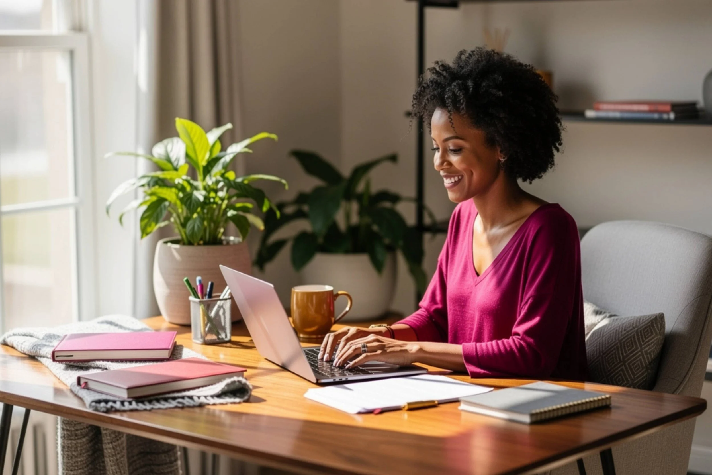 Happy businesswoman entrepreneur business owner at desk, typing on laptop with notebooks and 2026 planners..jpg