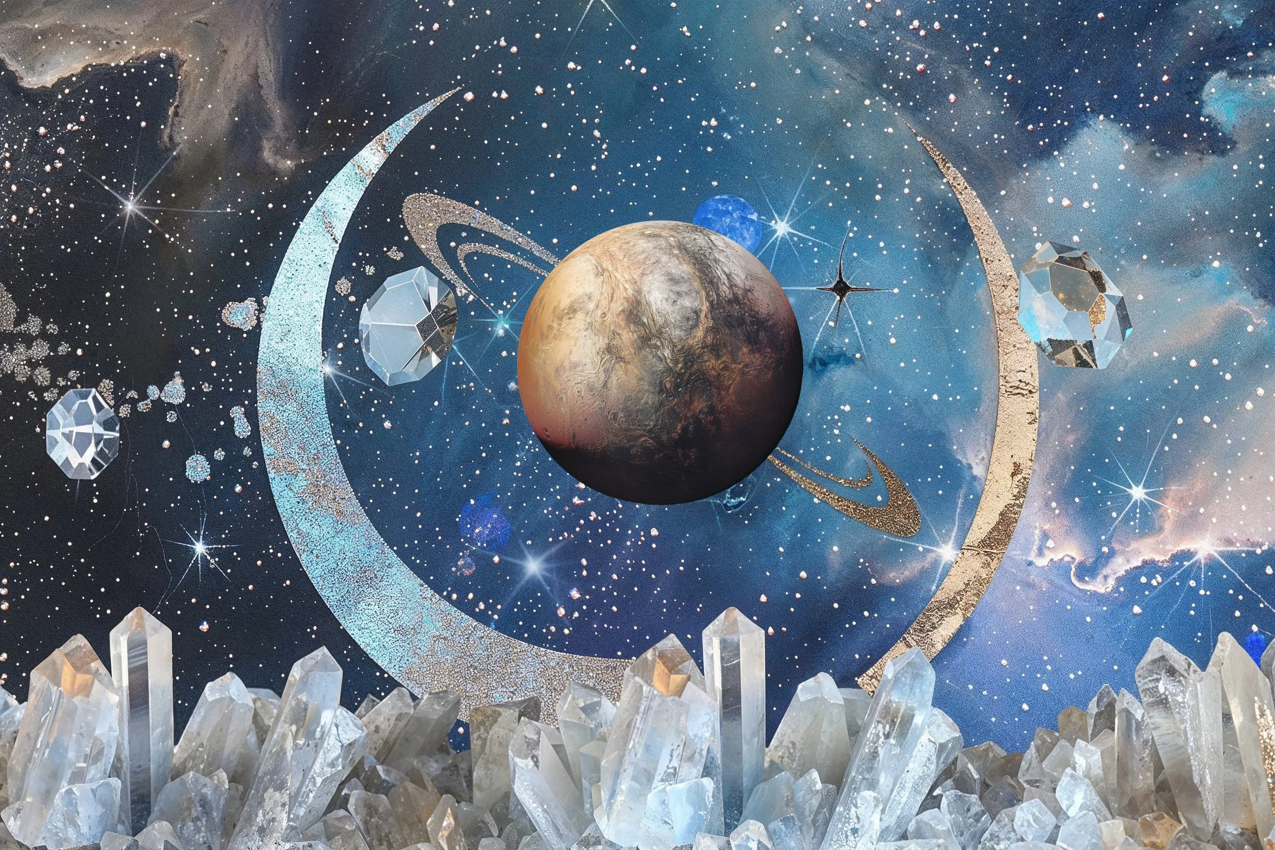 The planet Pluto with orbit paths around it and crystals.