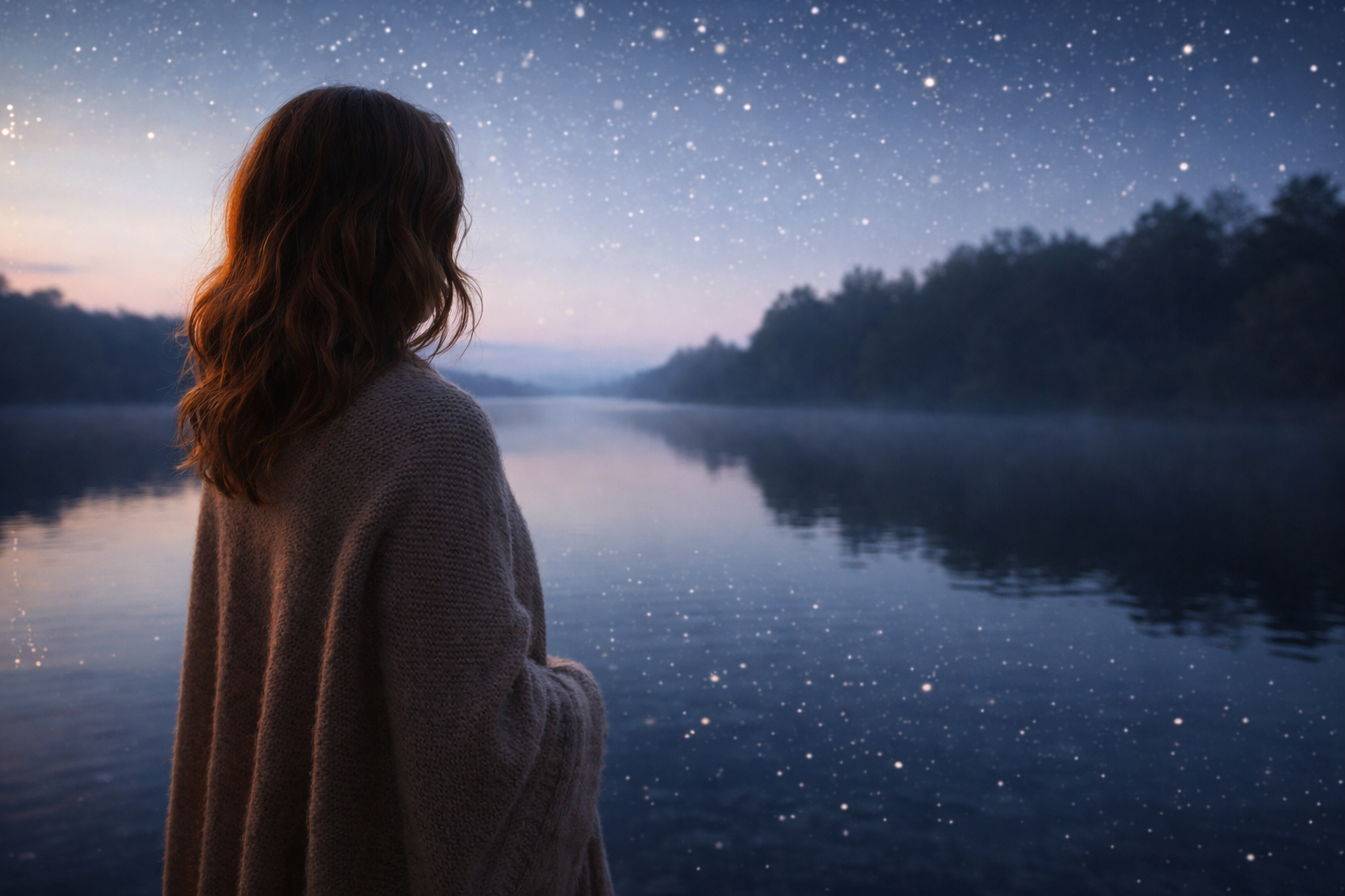Woman standing by still water beneath a star-filled sky at dusk, evoking relief, freedom, inner authority, and energetic business clarity through stillness.