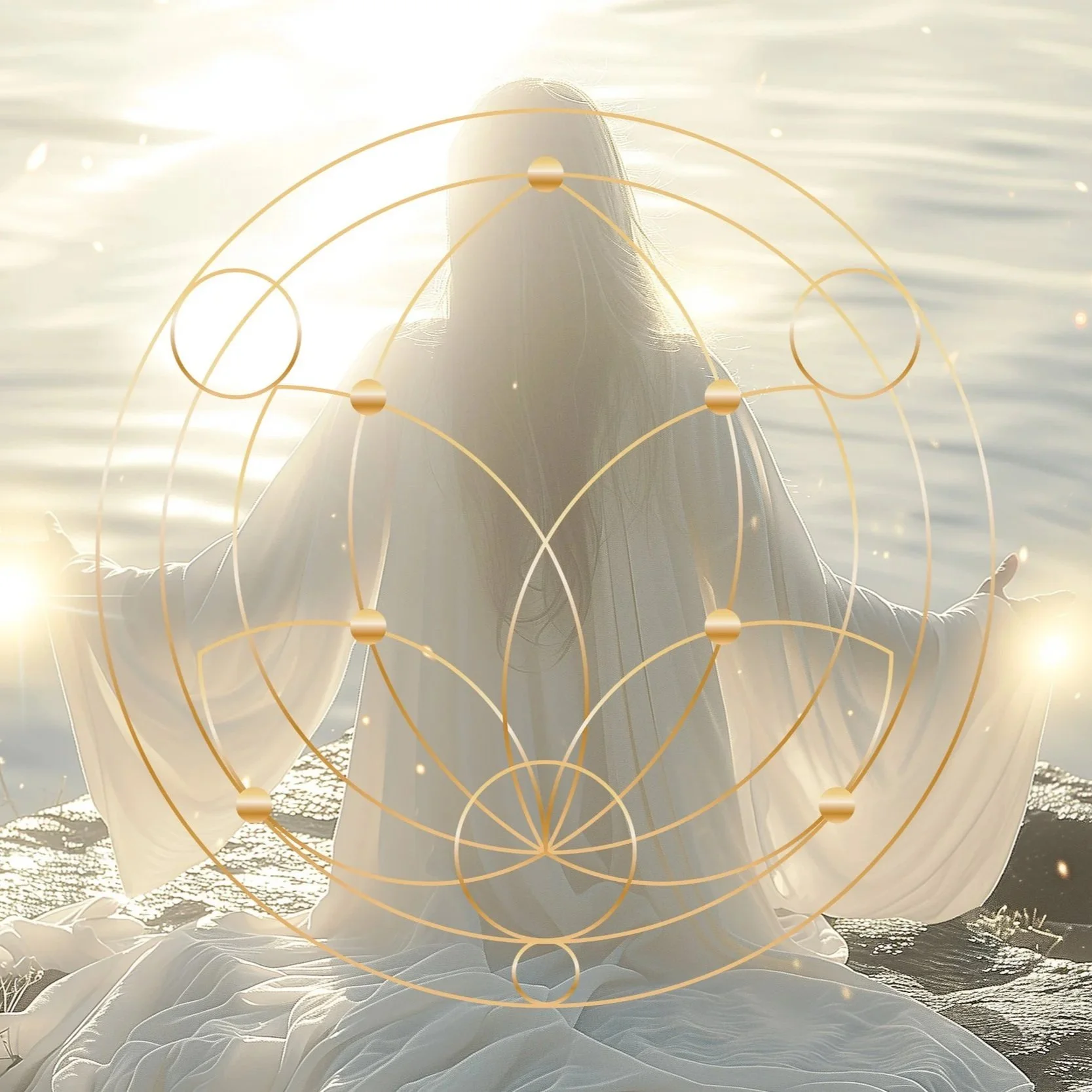 Woman in flowing white robes sits in meditation by sunlit water, surrounded by soft light and sacred geometry, symbolizing energetic alignment and intuitive clarity for Q4 business planning.