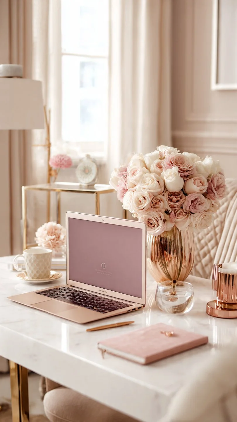 Benable review for women entrepreneurs shown on a feminine cream and rose gold workspace with laptop and curated business tools