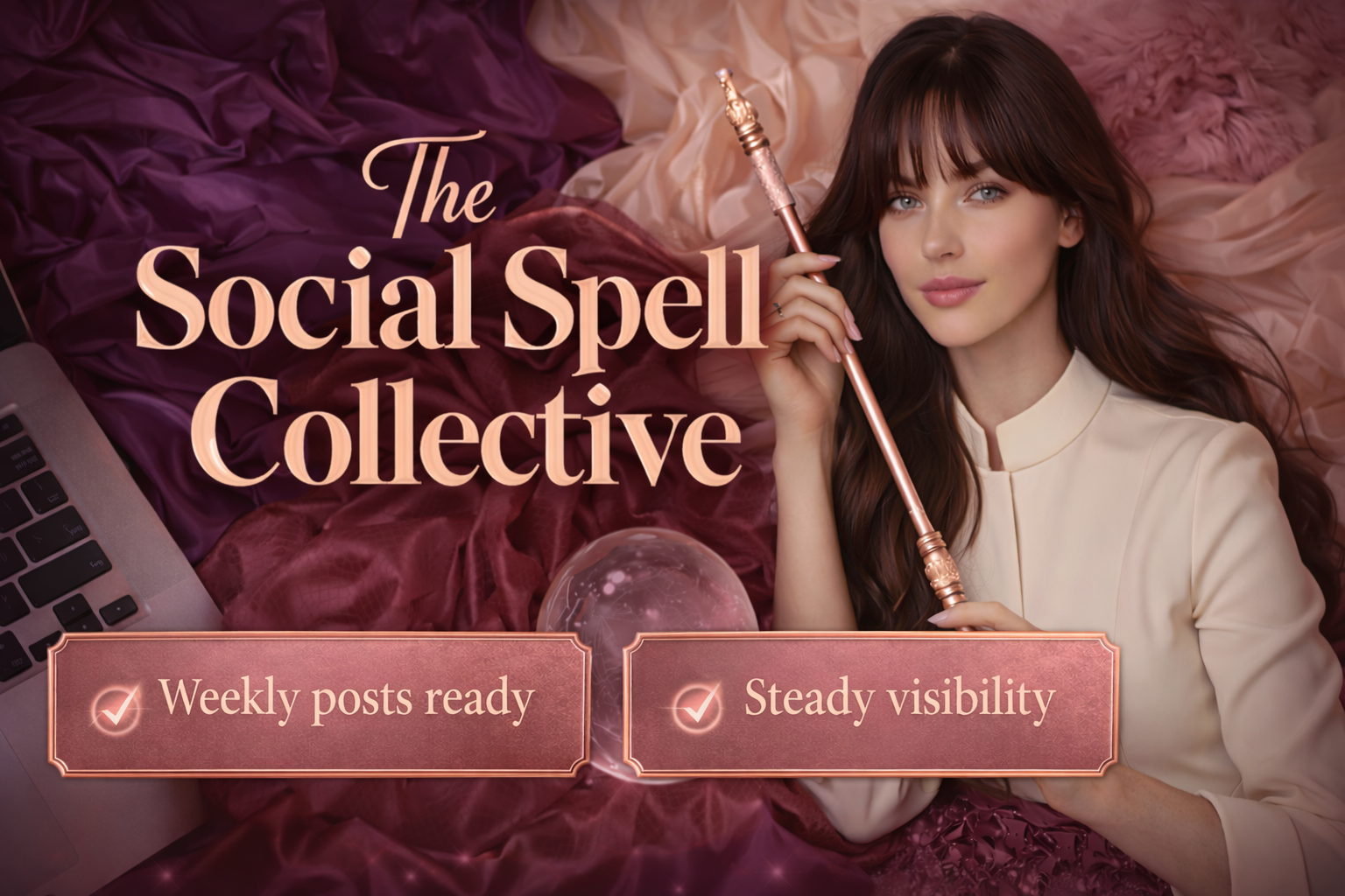 The Social Spell Collective graphic text overlay is "Weekly posts ready" and "Steady visibility".