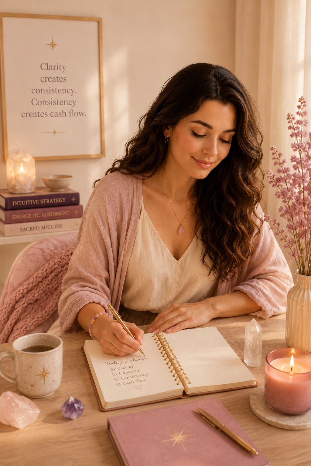 Woman journaling at a calm workspace representing the confidence shift following energetic practices for consistent income.