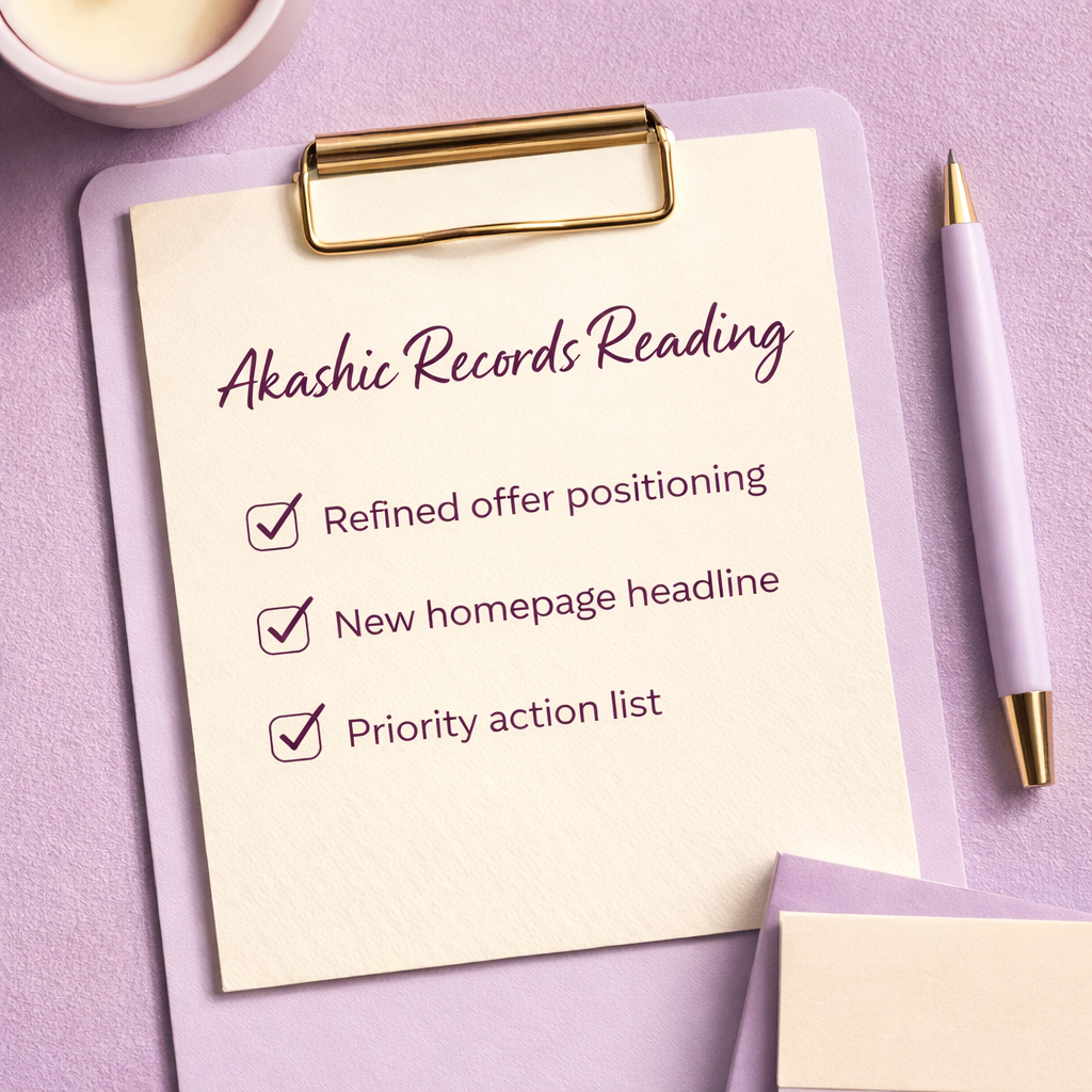Akashic Records reading business action list with refined offer positioning and priority steps on cream and plum branded clipboard.