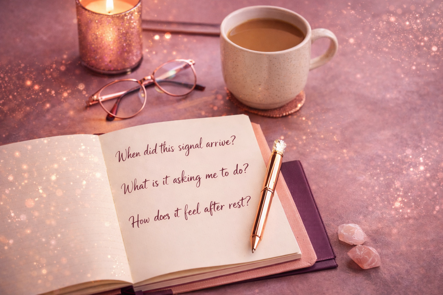 Open journal with reflection prompts for reading fear signals and pivot signals in business