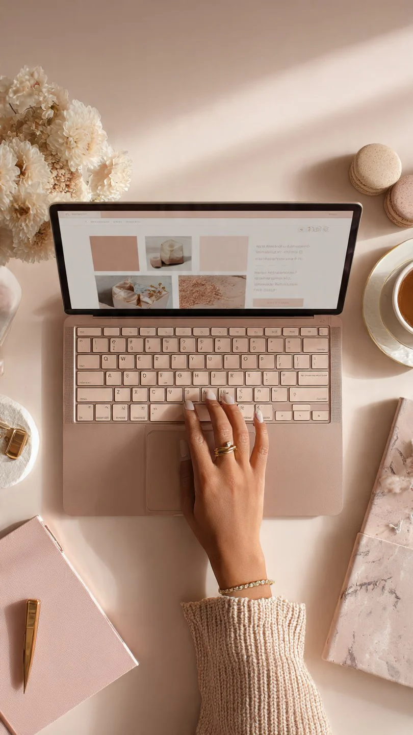 Soft neutral workspace with laptop displaying offer layout representing aligned conversion within an Instagram strategy.
