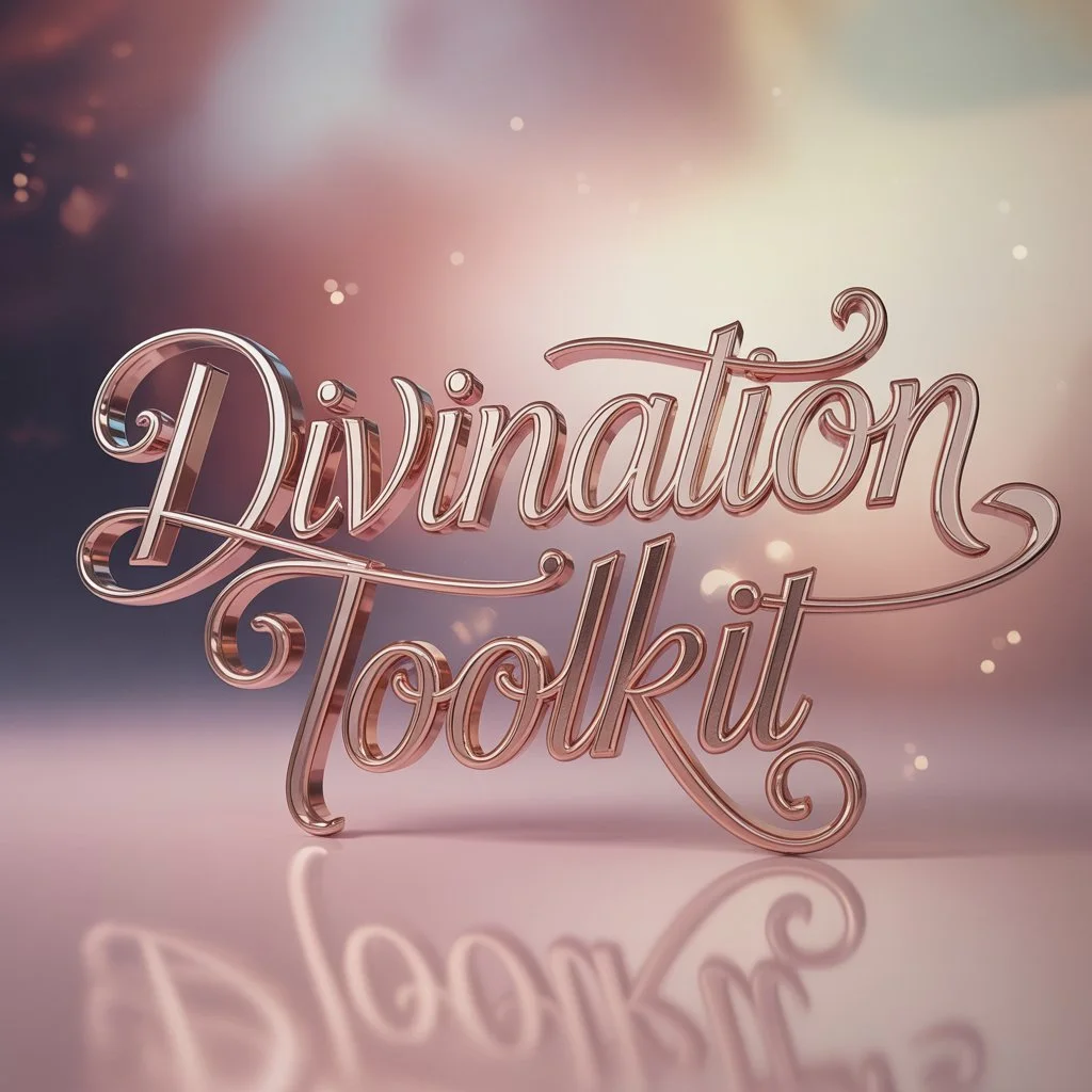 "Divination Toolkit" in rose gold 3D metallic lettering across a dusty rose to plum purple gradient background.