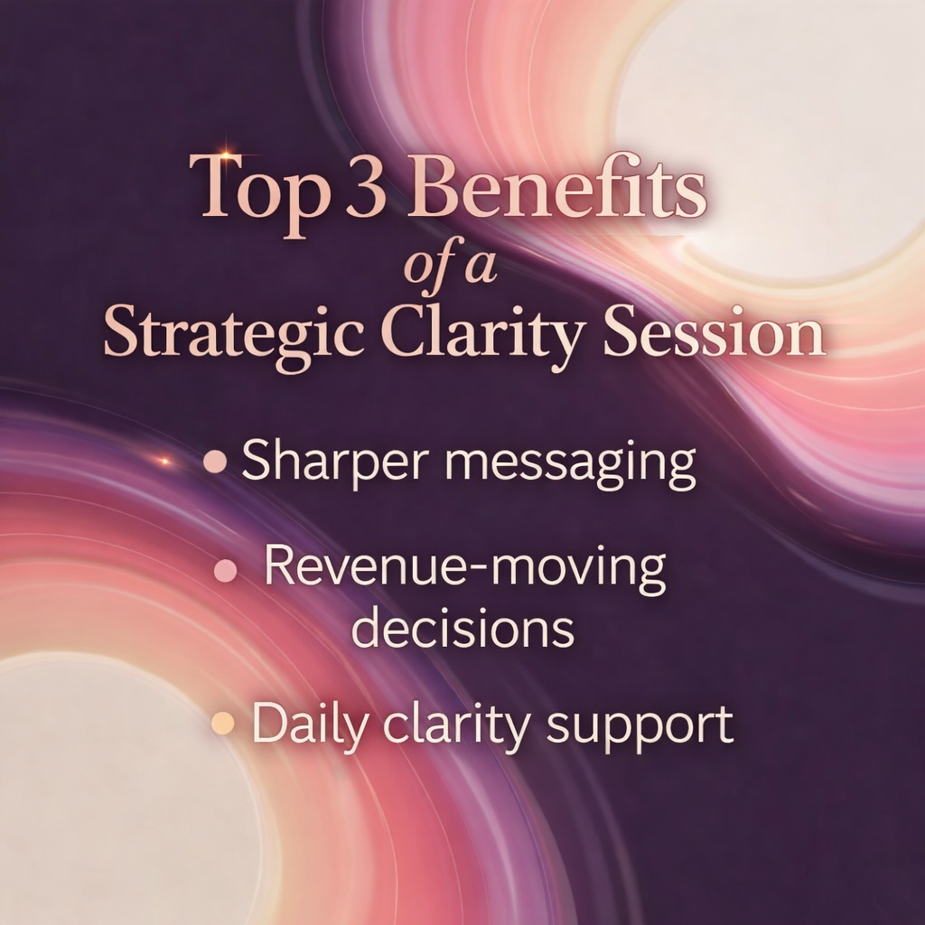 Top 3 benefits of the Strategic Clarity Session: decisive shift that moves revenue, clarity you can feel, and a next step that fits, on a plum and blush gradient.