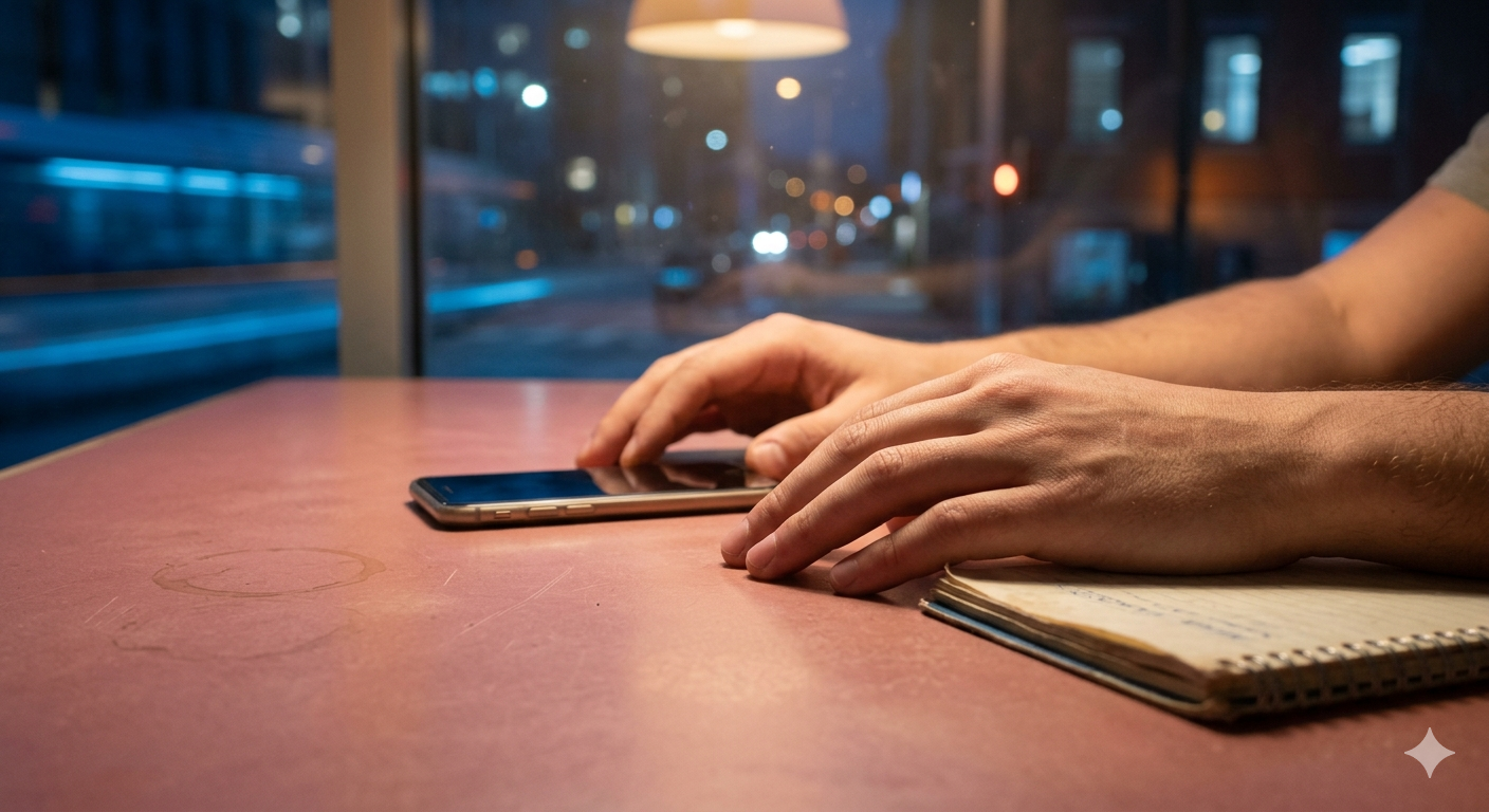 Hands resting on blush table with spiral notebook, representing a simple content system for visibility