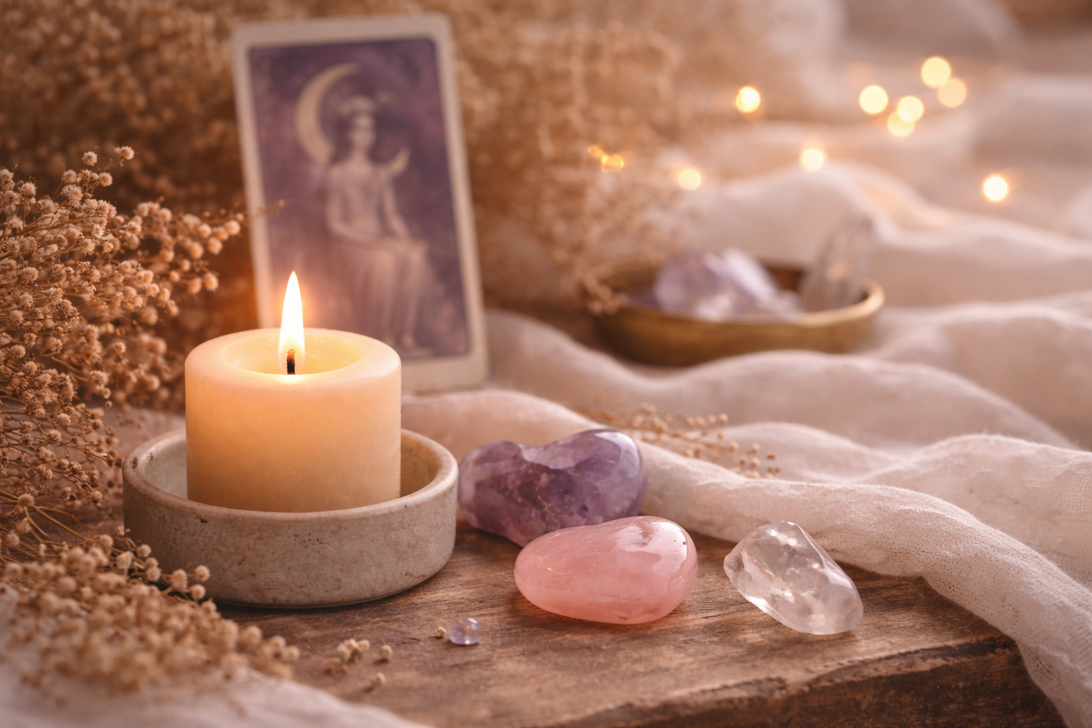 Candle, rose quartz, amethyst, and clear quartz rest on a wooden table near a tarot card, representing strength and ease.