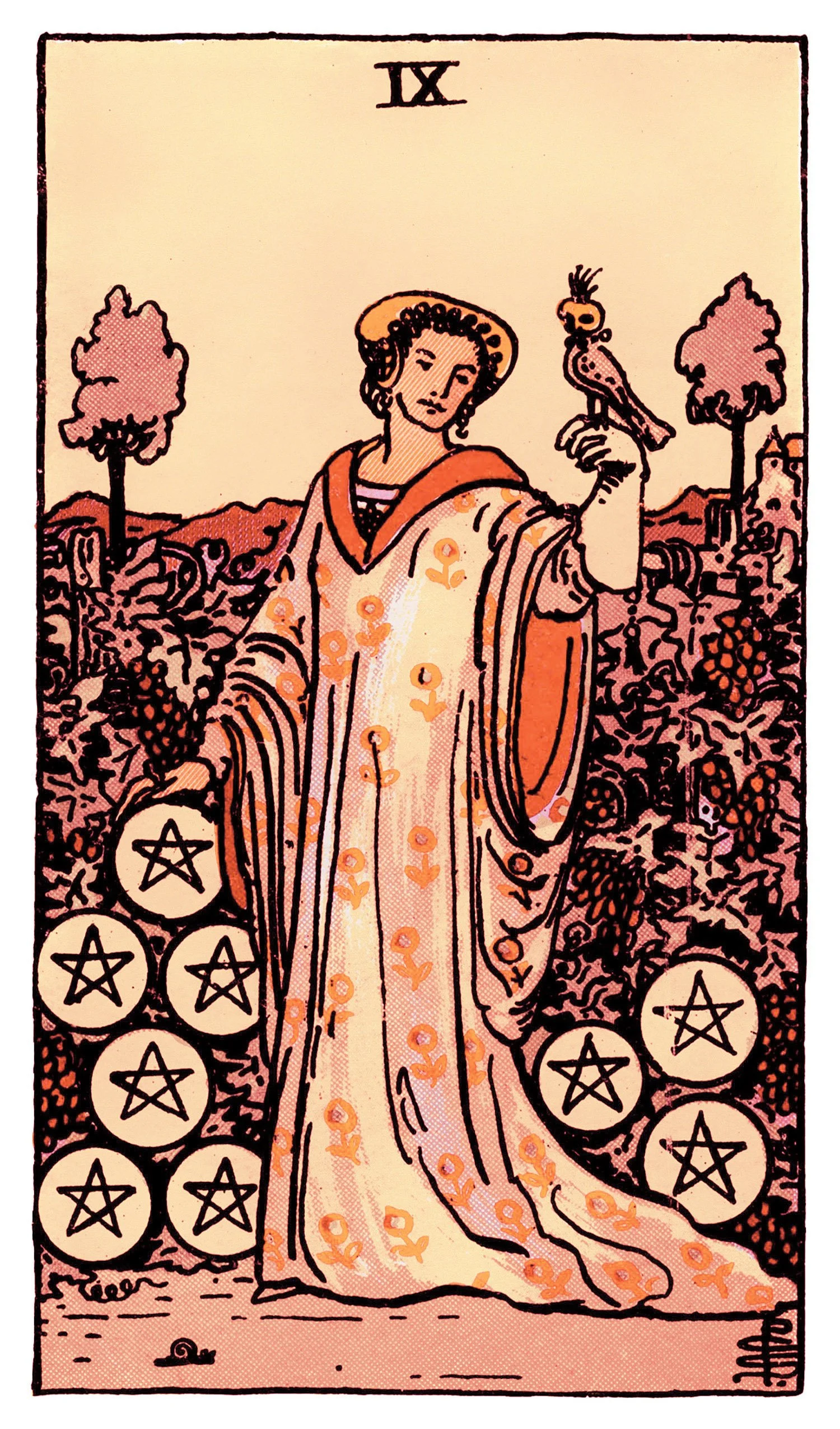 Tarot card Nine of Pentacles symbolizing independence, self-sufficiency, and earned abundance, supporting intuitive women entrepreneurs honoring success built on self-trust.