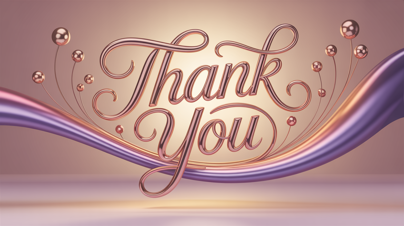 Elegant 3D text saying 'Thank You' in script font, with decorative metallic spheres and curved ribbon-like elements in shades of pink and purple, on a soft gradient background.