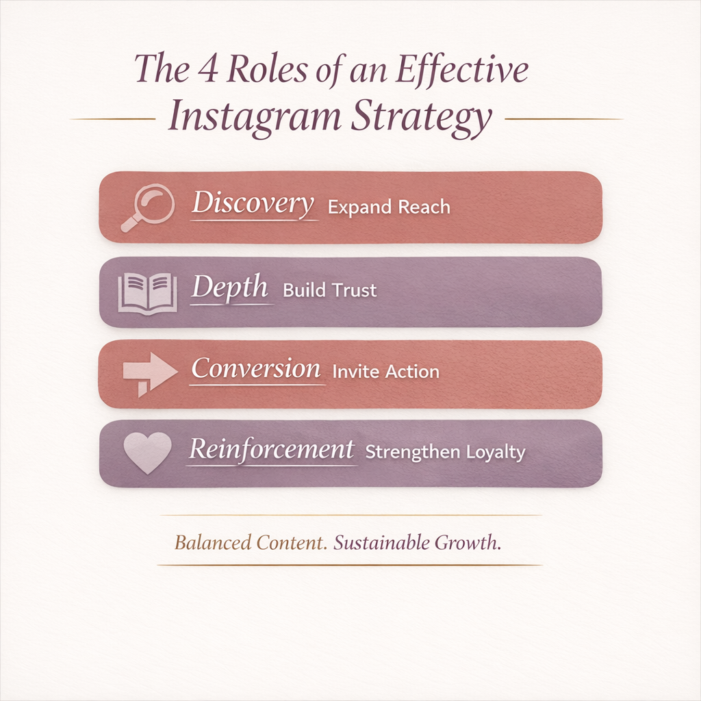Square infographic titled “The 4 Roles of an Effective Instagram Strategy” outlining Discovery, Depth, Conversion, and Reinforcement as key components of a sustainable social media strategy for spiritual entrepreneurs.
