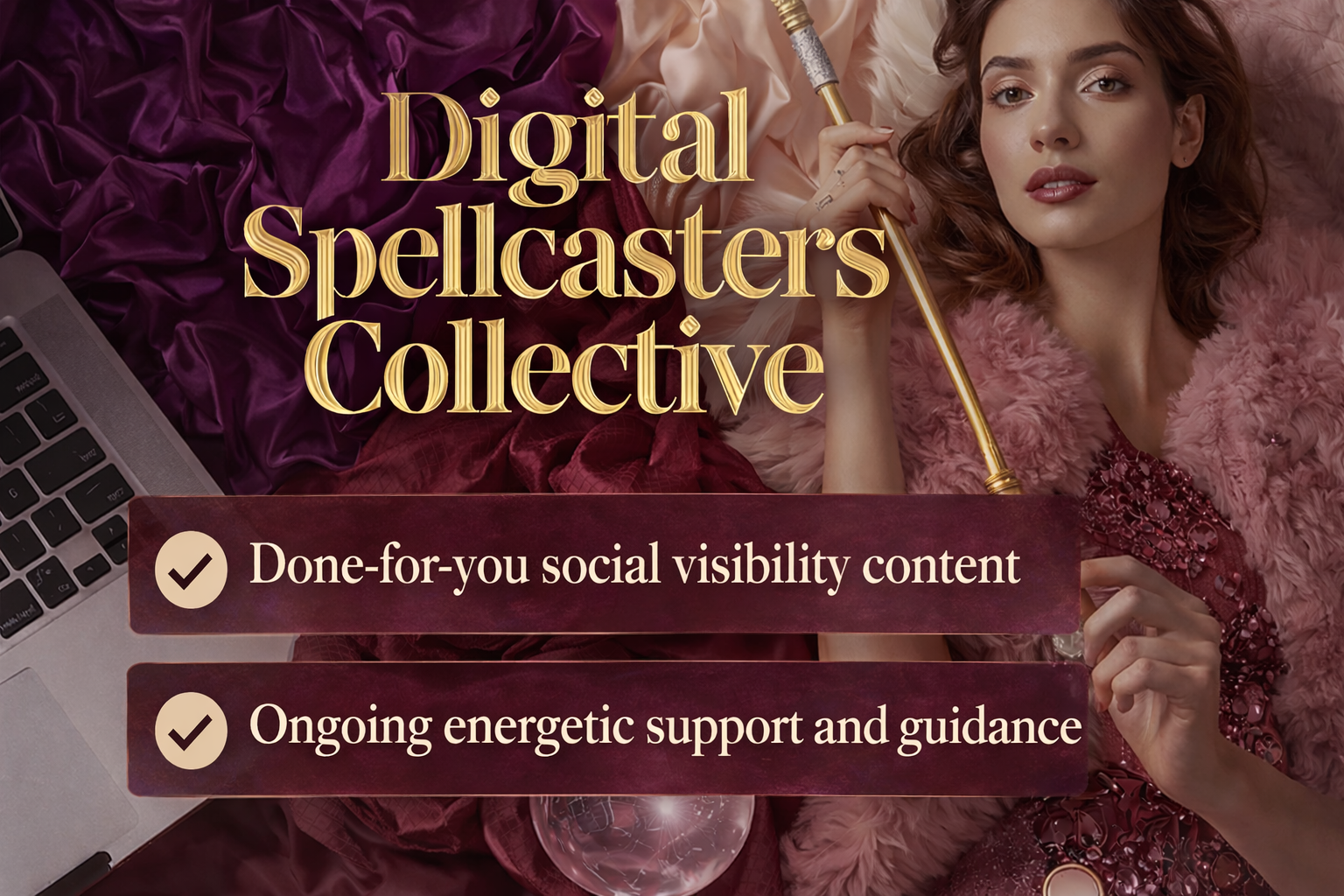 Digital Spellcasters Collective gold text on fabric background, showing benefits of joining.