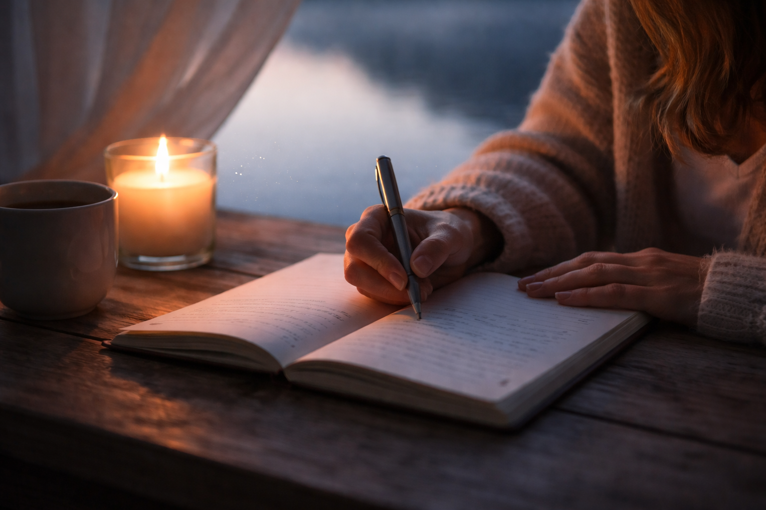 Candlelit journaling at twilight with a warm mug and soft shadows, symbolizing desire as guidance, nervous system safety, and energetic business clarity through stillness.