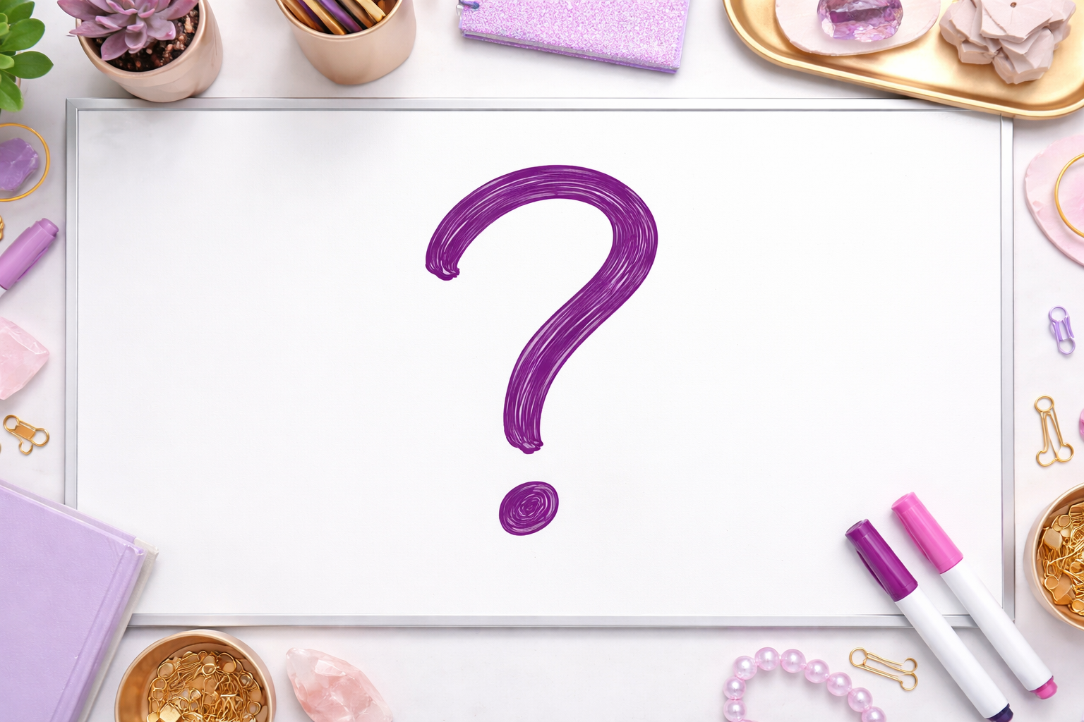 Plum purple question mark drawn on whiteboard symbolizing business clarity through Akashic Records readings.
