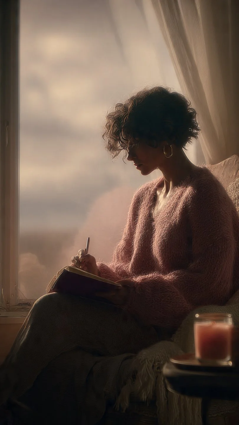 Woman journaling by window