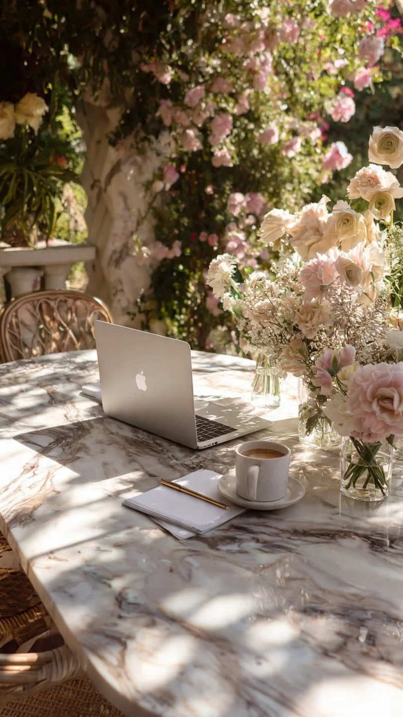 Serene outdoor workspace representing aligned income creation through Inner Bloom, supporting women who choose to build income with ease, clarity, and stability.