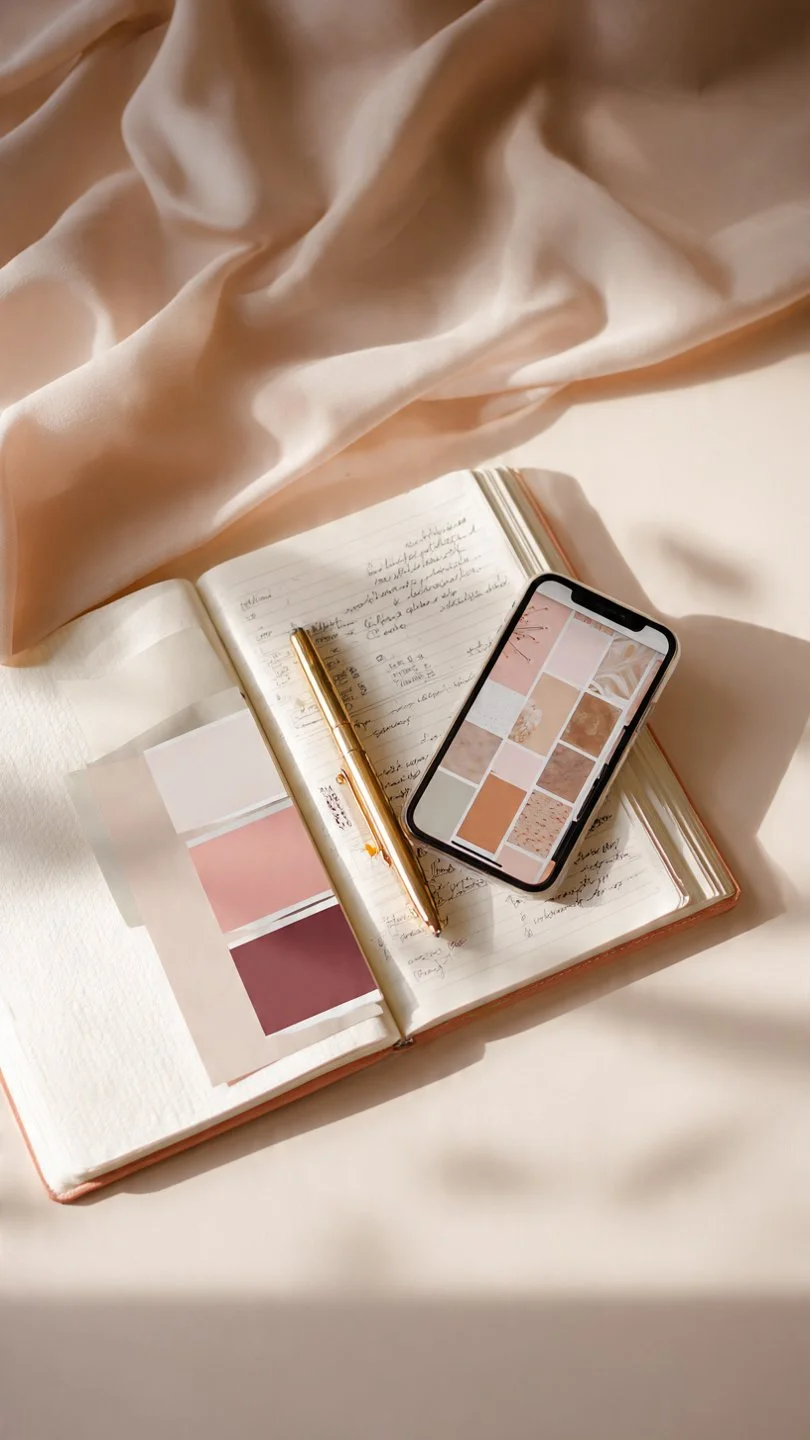 Minimalist desk with notebook and smartphone showing structured content blocks illustrating discovery content in an Instagram strategy.