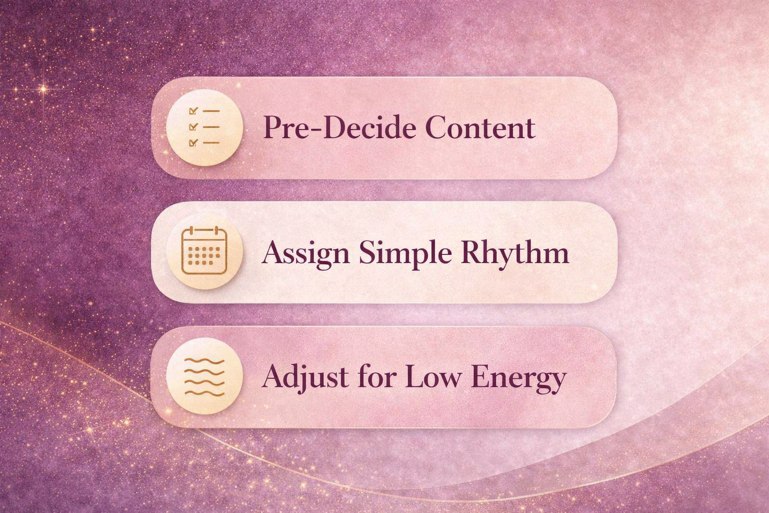 Visual diagram showing simple content system for consistency including pre-decided content, structured posting rhythm, and low energy adjustments