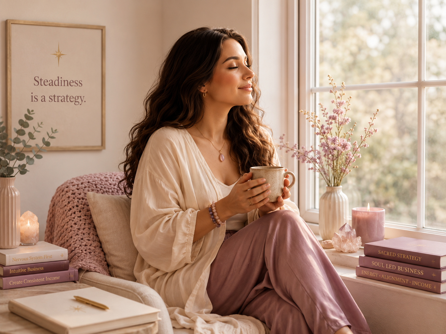 Woman sitting quietly at a window, grounded expression, representing the energy of regulated income.
