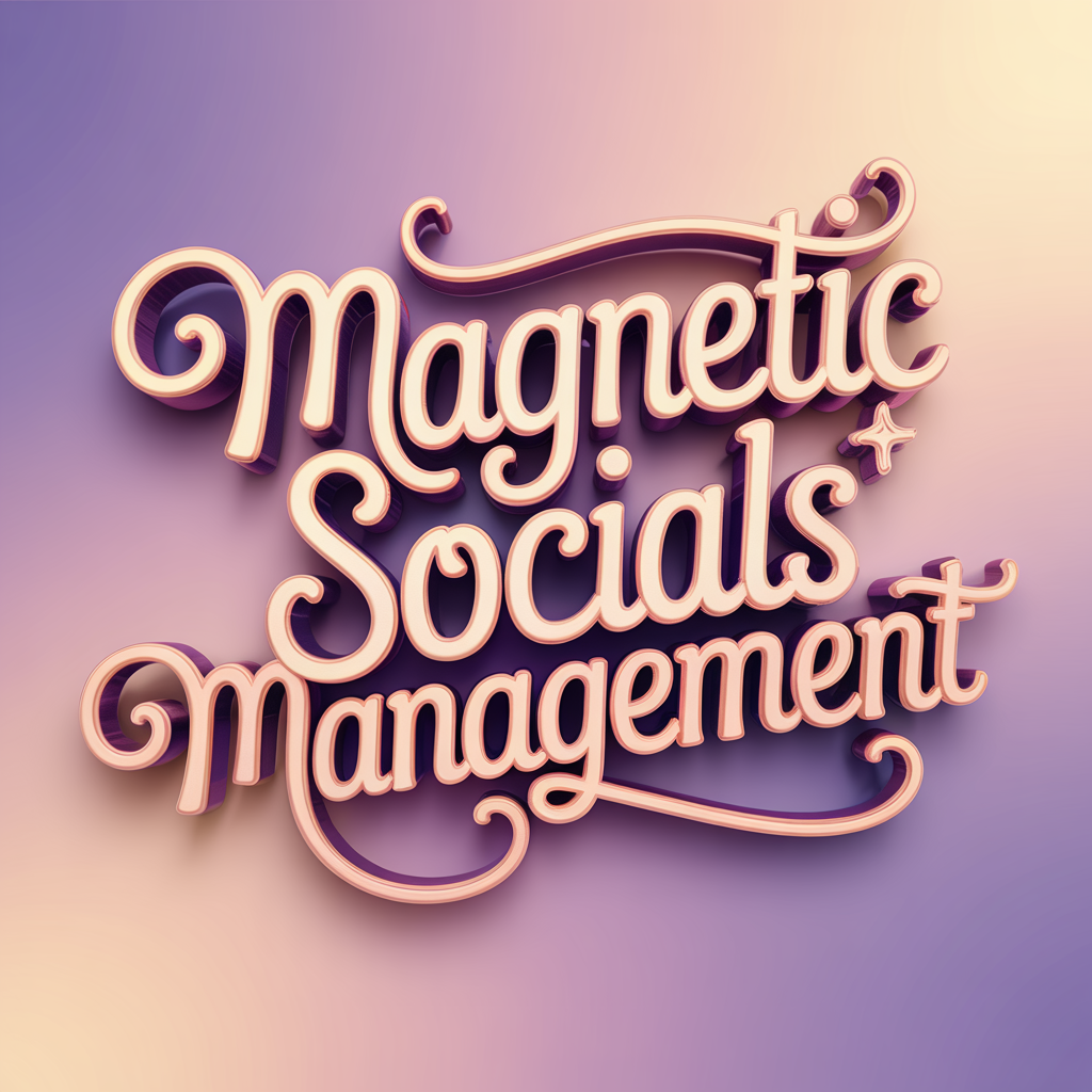 3D pink and cream retro-style text that reads "Magnetic Socials Management" on a soft gradient background, representing a stylish, feminine branding identity for a social media marketing service.
