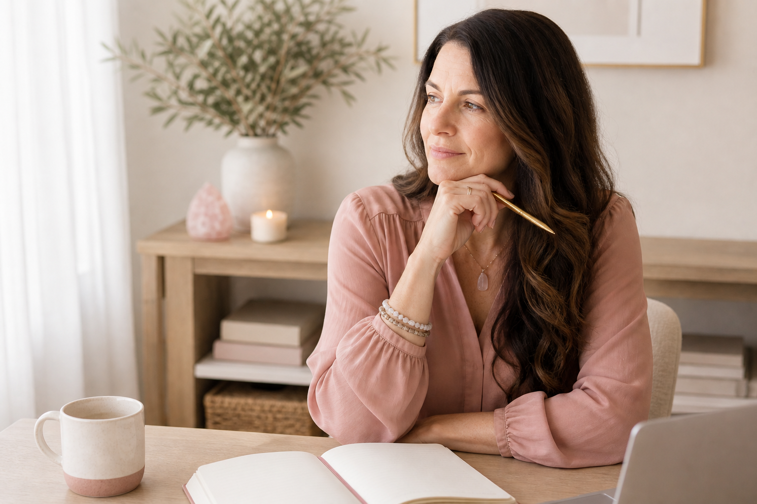 Intuitive woman entrepreneur at a calm workspace, looking forward with quiet clarity and focused intention.