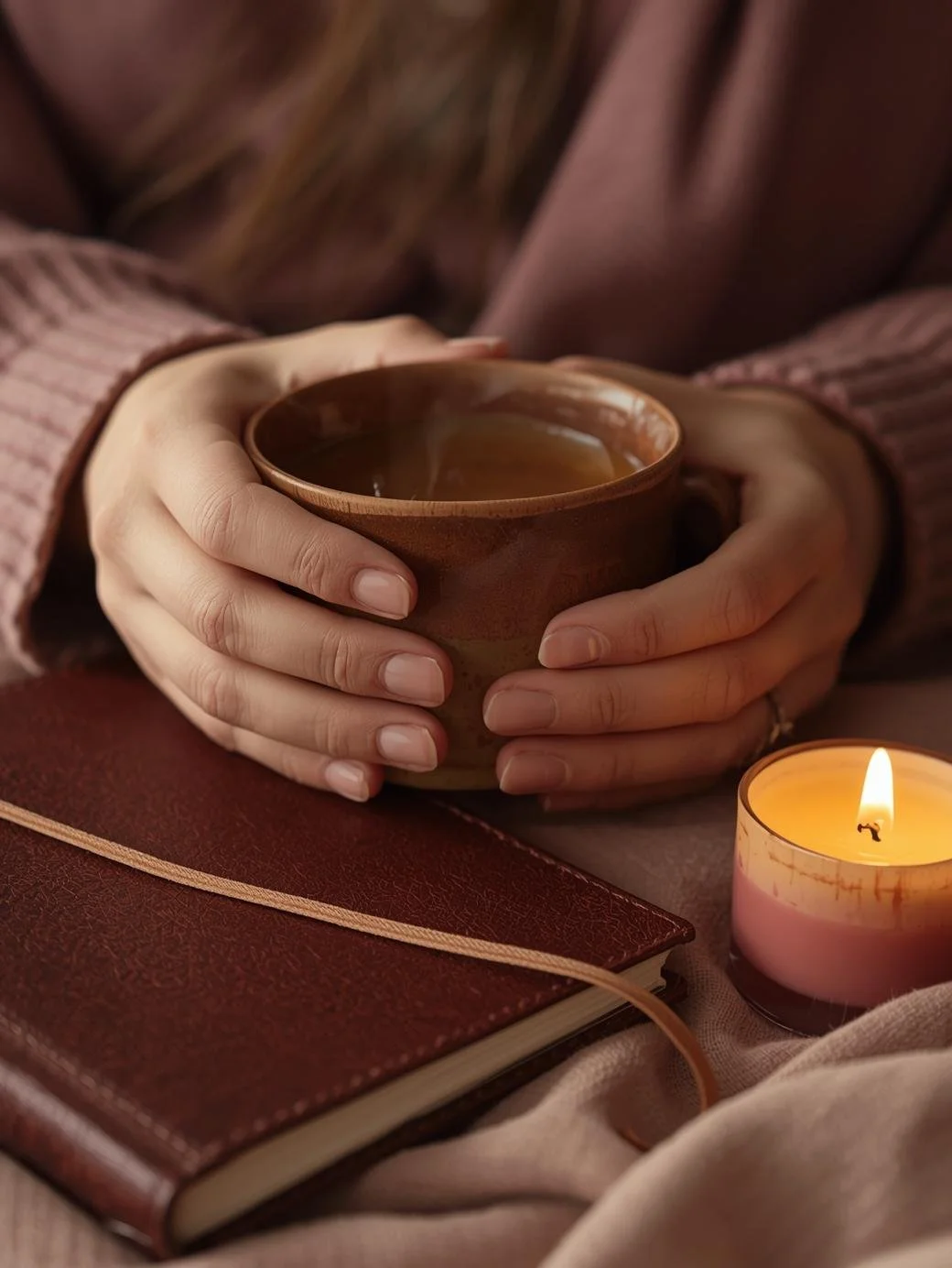 Woman’s hands gently holding a warm tea mug next to a closed leather journal and lit candle on a soft blanket. Symbolizes nervous system regulation, slow rituals, and introspective support.