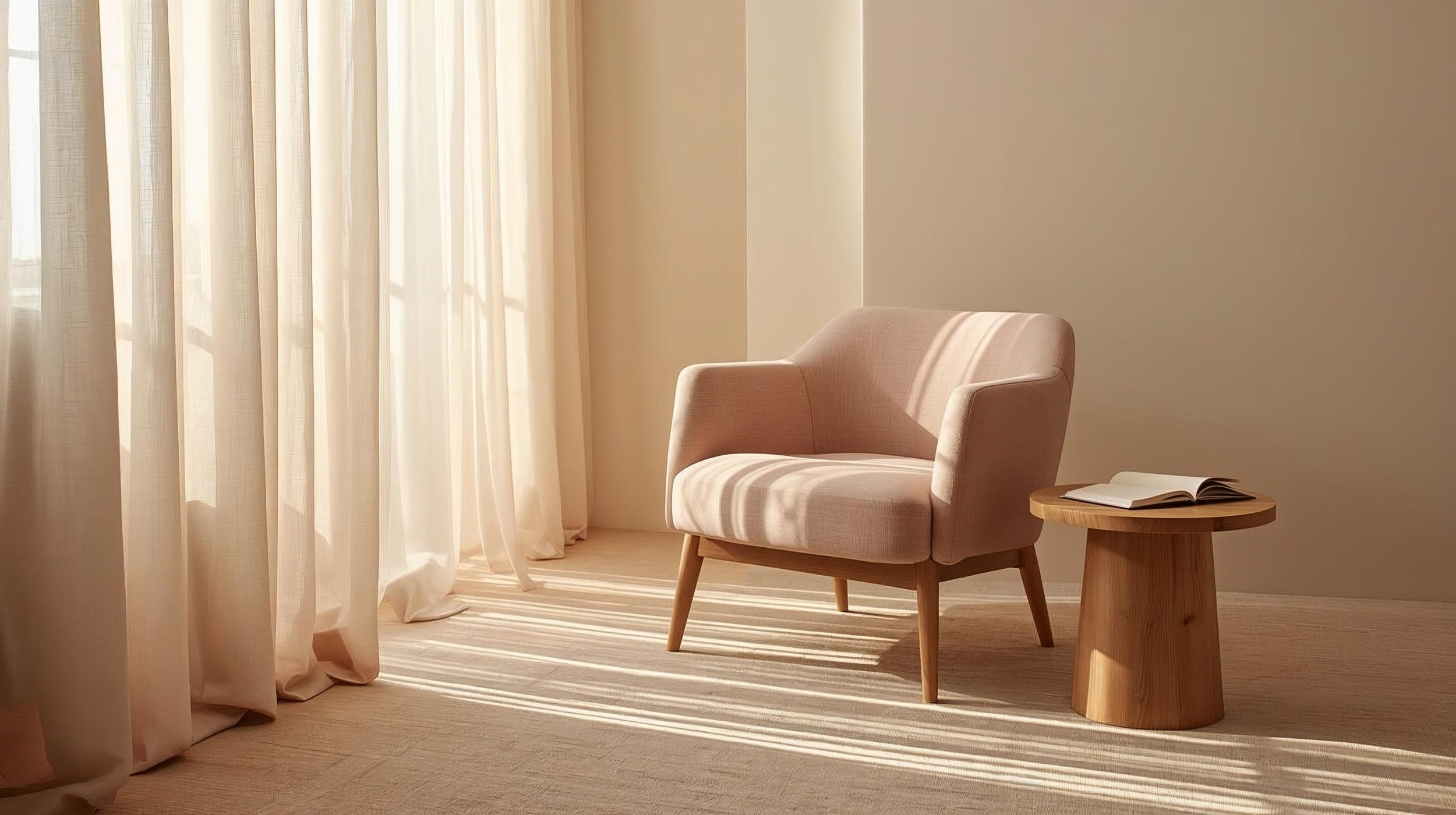 Soft pink armchair beside a wooden table with an open book, bathed in natural sunlight through sheer curtains. Tranquil, spacious setting that evokes nervous system rest and emotional capacity.