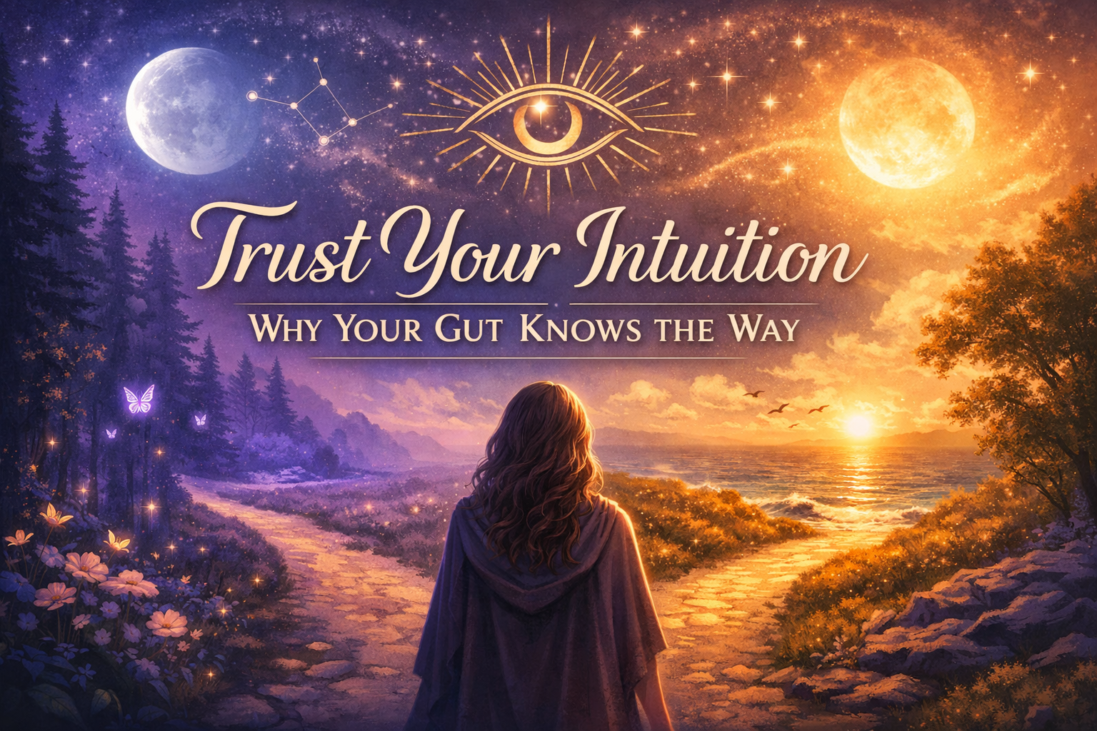 Landscape illustration of a woman standing at a forked path under a night sky, symbolizing trusting intuition in business and choosing direction through inner guidance.