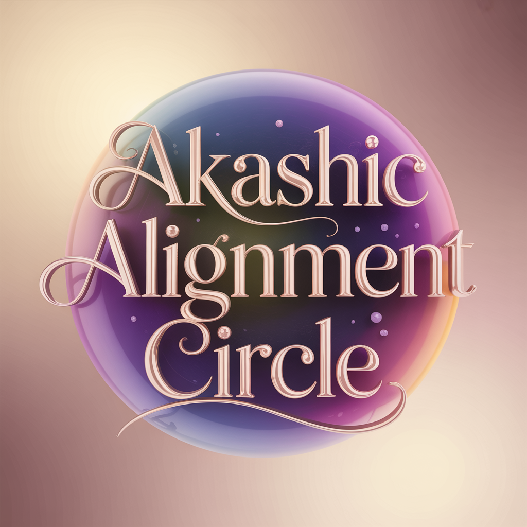 "Akashic Alignment Circle" in 3D metallic gold lettering on a gradient circle fading from deep plum purple to dusty rose and cream, with a dusty rose and cream background.