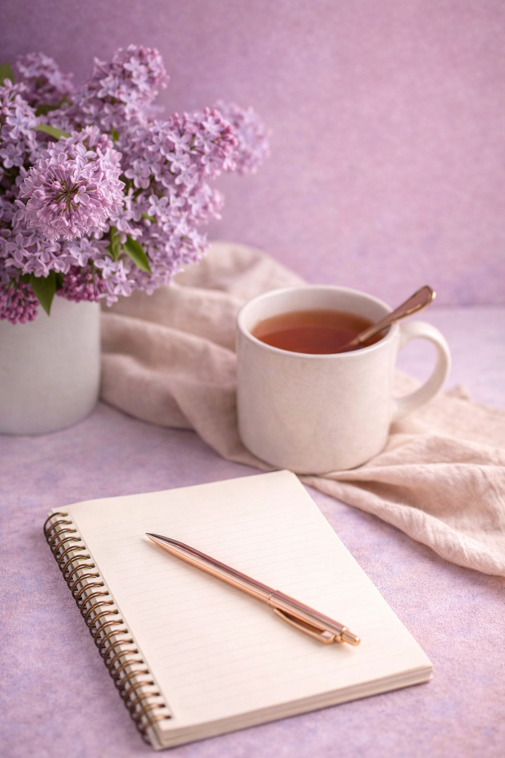 Soft feminine workspace with tea notebook and flowers representing calm content creation and consistent business visibility
