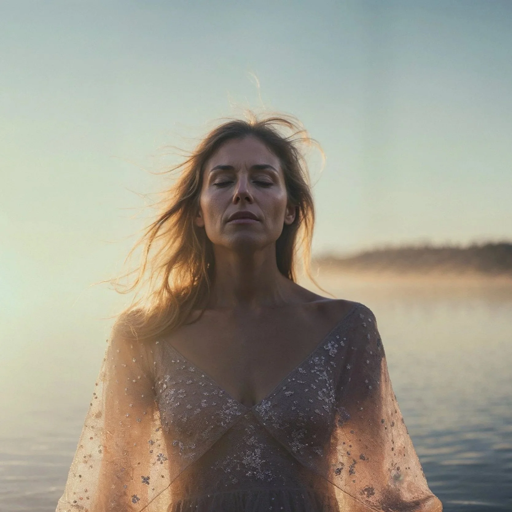 Woman standing in water with face uplifted and eyes gently closed, representing spiritual healing and mental clarity.