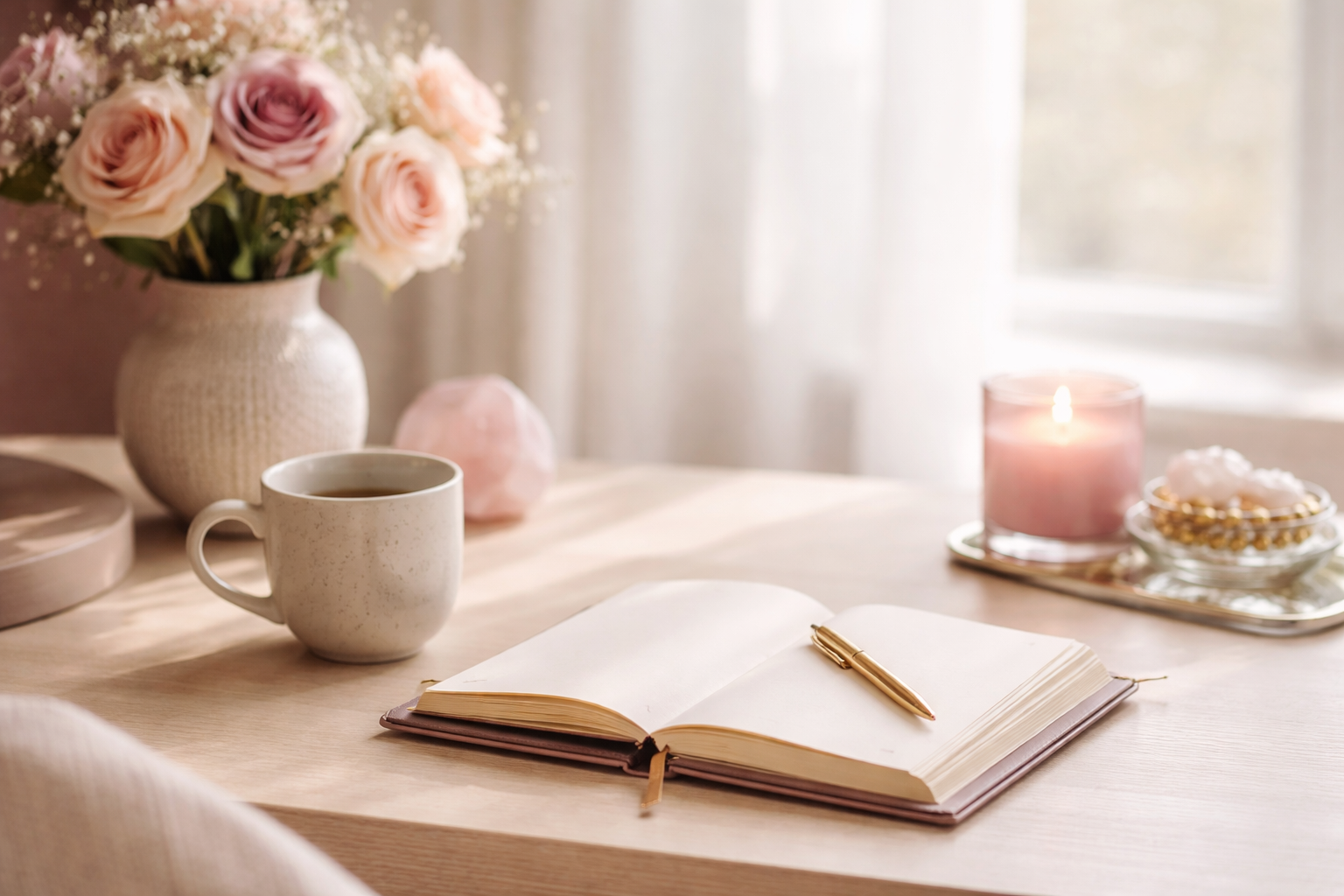 Soft feminine workspace with calming tones representing consistent visibility and peaceful structured business growth