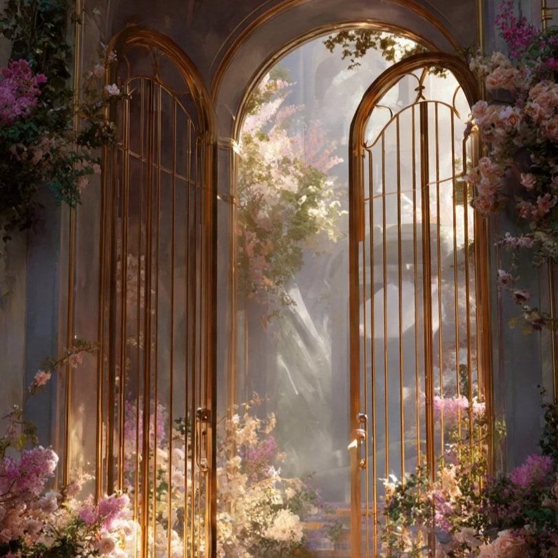 Golden arched garden doorway with soft light and flowers, symbolizing clarity, calm growth, and emotional wellbeing