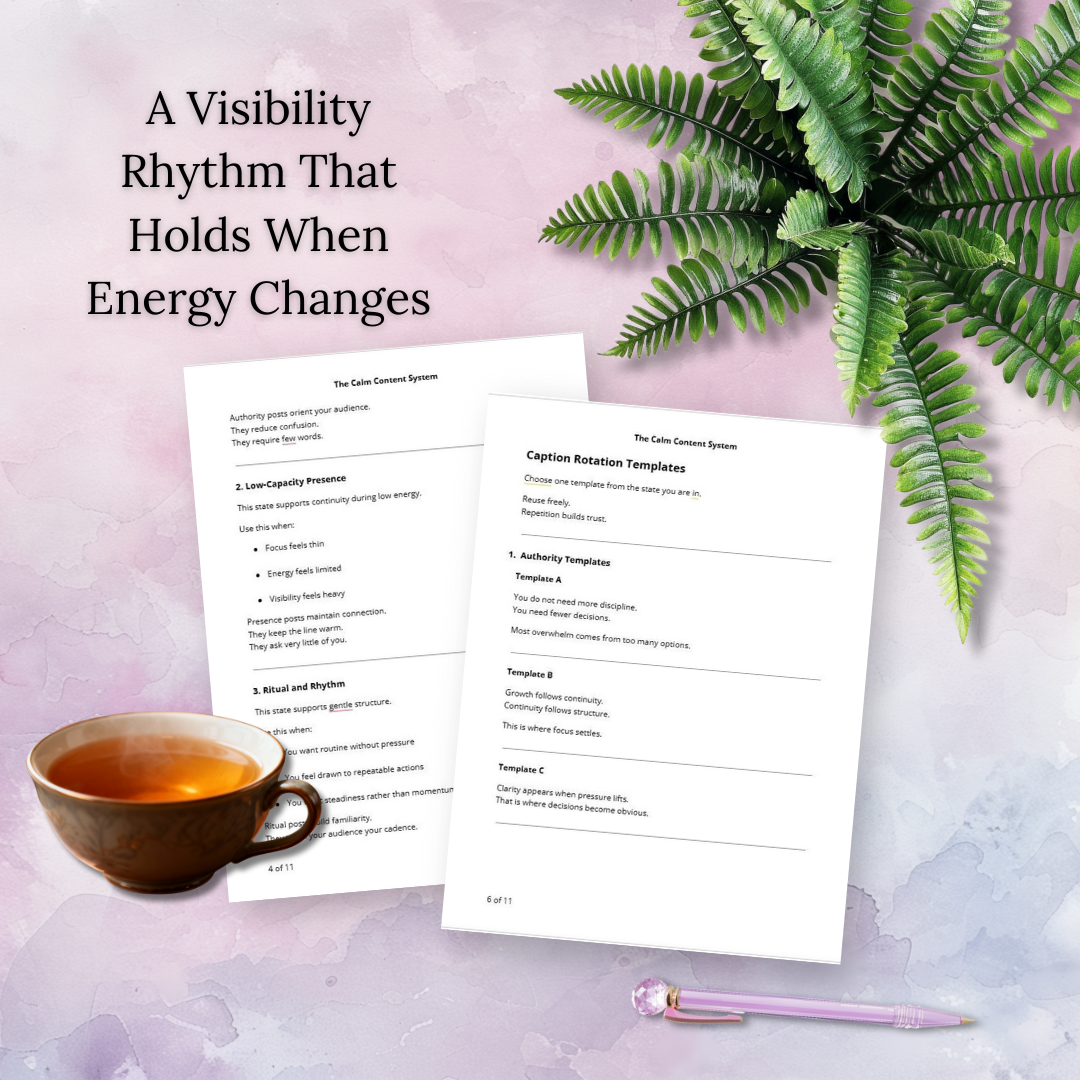 Two page mockup of the Calm Content System PDF showing visibility rhythm framework, caption templates, and minimalist pastel design on soft background