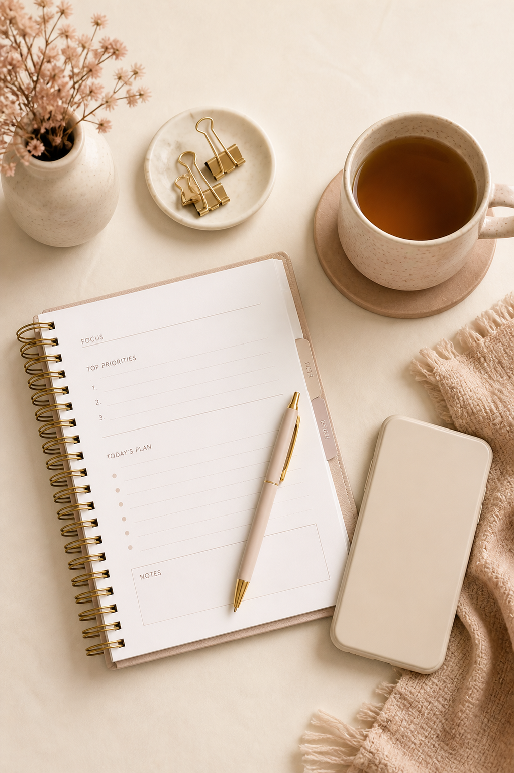 Simple workspace flat lay symbolizing low-decision business visibility structure for consistent entrepreneurs.