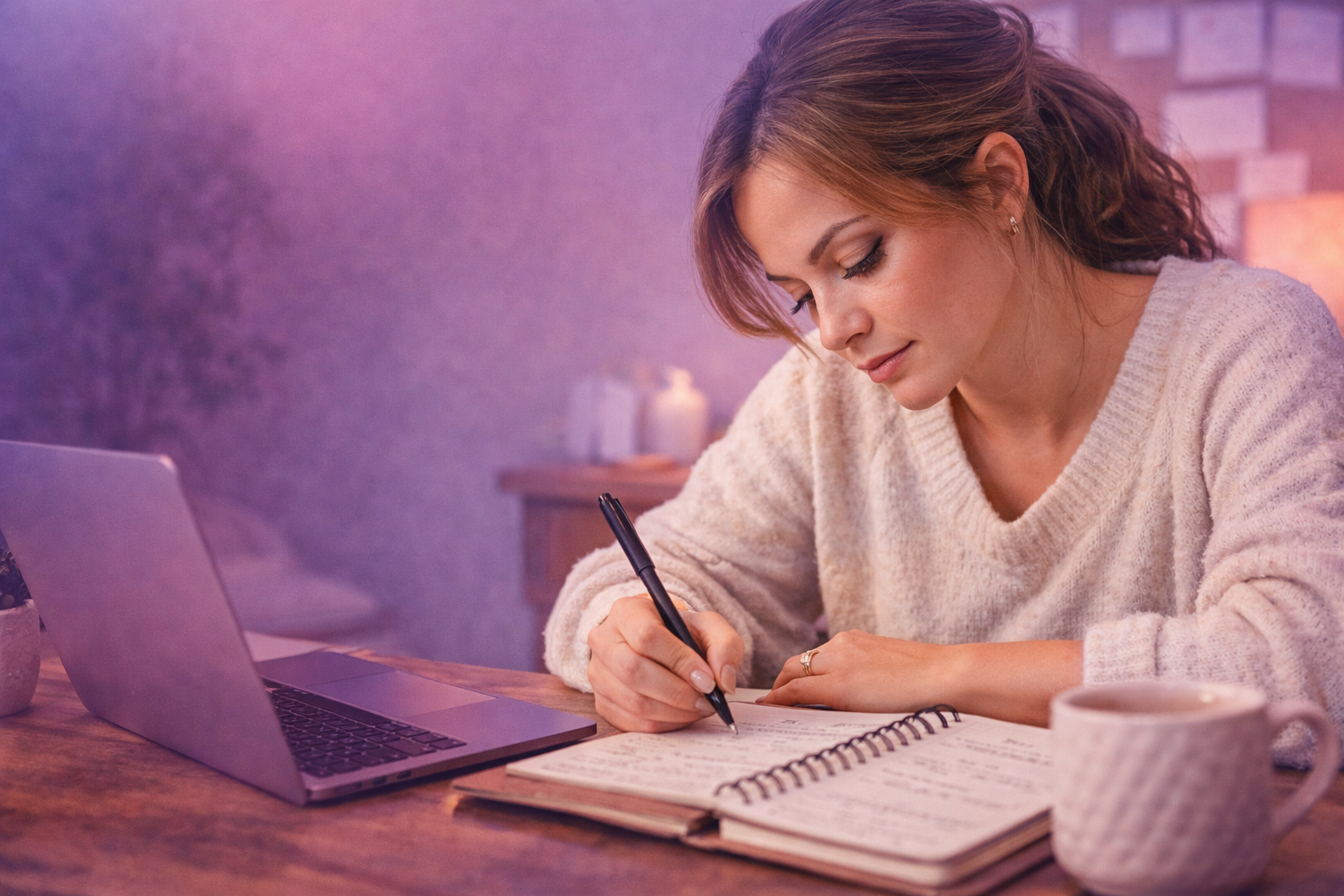 Entrepreneur writing in a notebook at her desk with a laptop nearby, focusing on a simple content system that supports staying consistent on low energy days