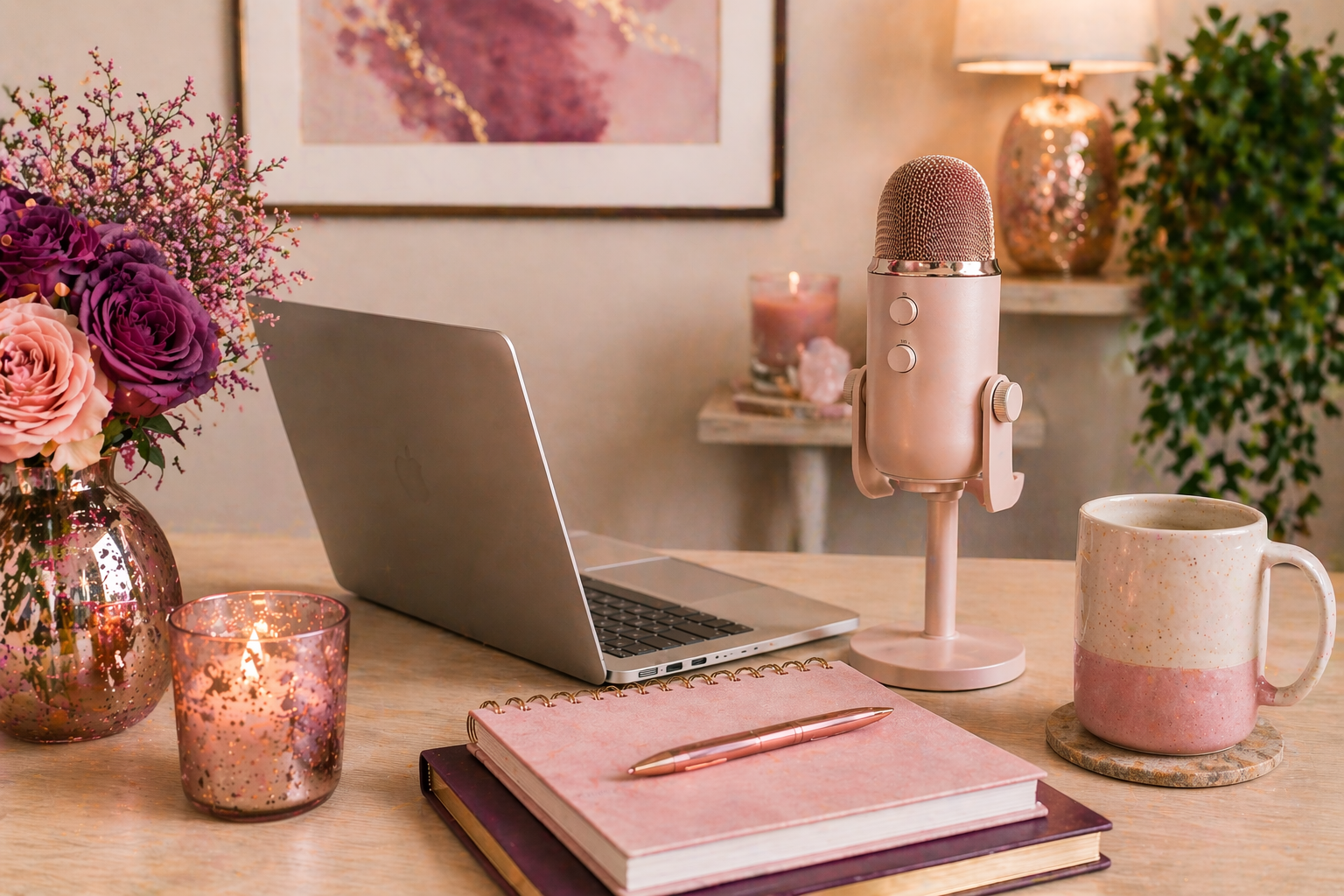 clean feminine desk with microphone and laptop representing podcast guesting for steady visibility