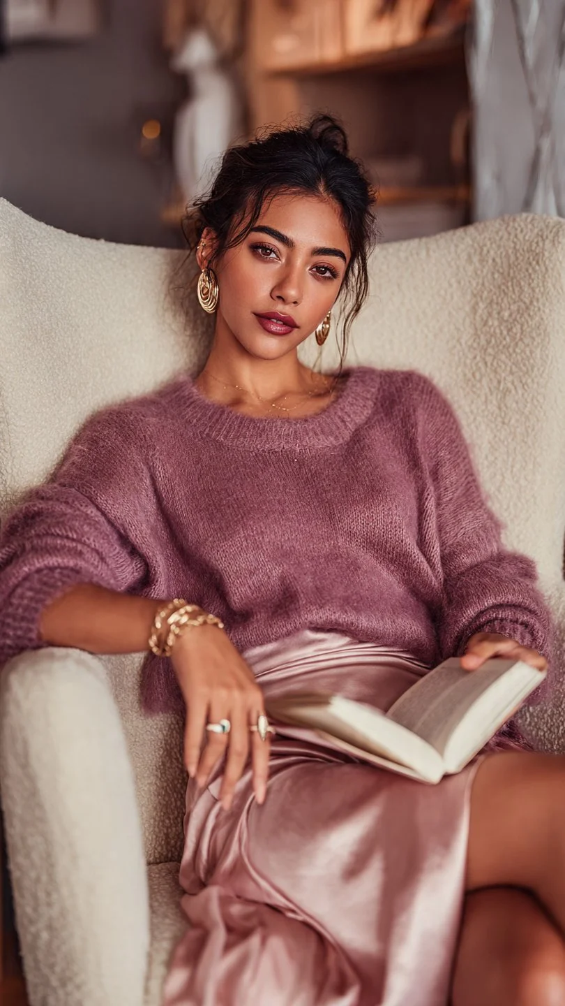 Woman seated in chair with open book in her lap, demonstrating presence with a forward gaze.