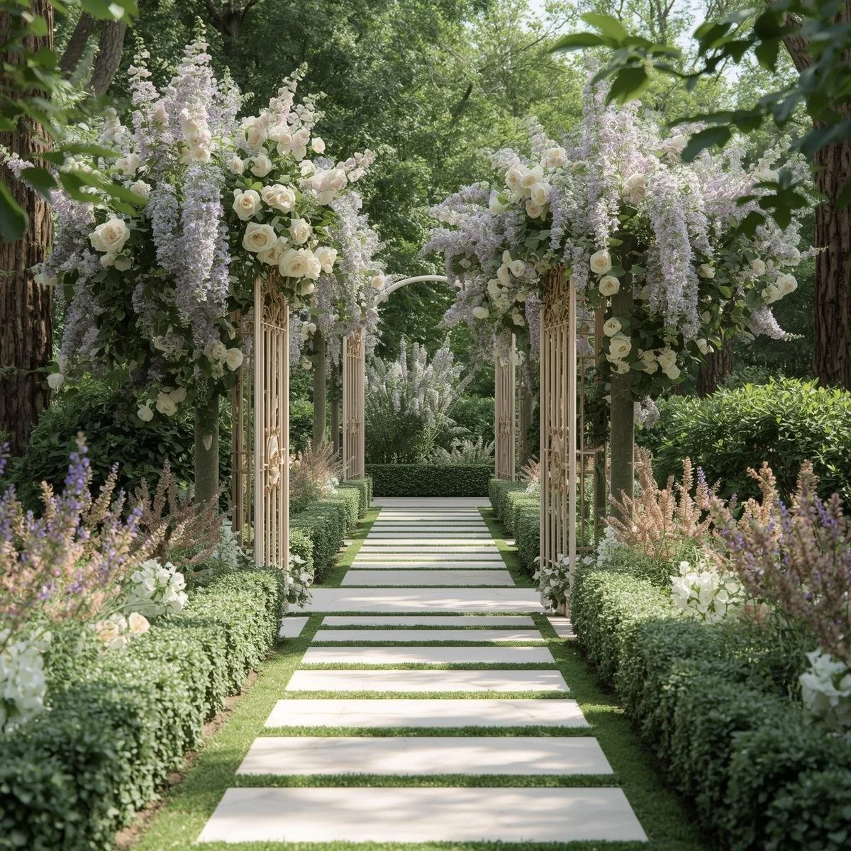Garden pathway with open gates, greenery, and pastel flowers symbolizing calm personal growth and clarity