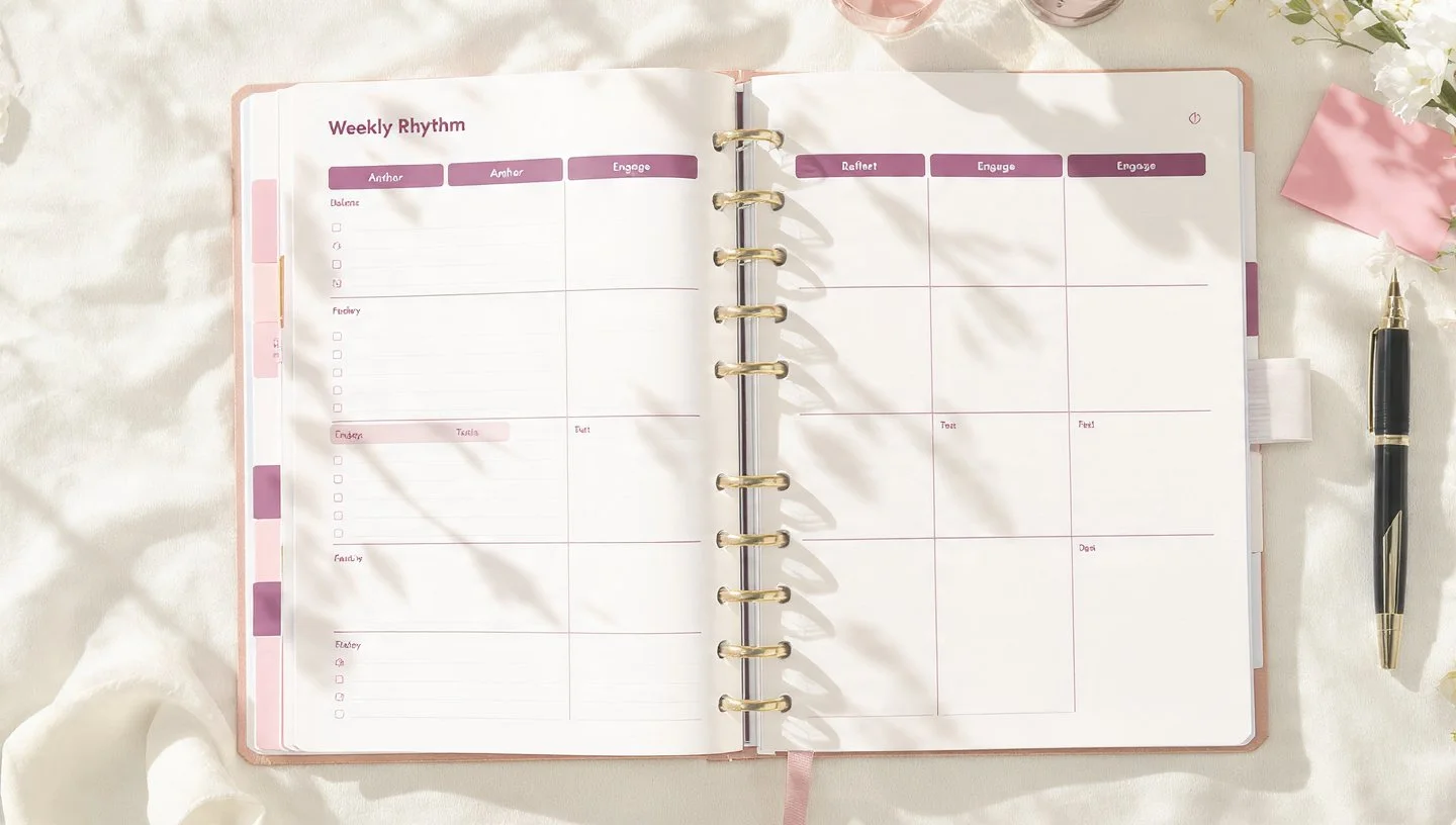 Cream and blush weekly planner labeled “Weekly Rhythm” showing anchor, reflect, and engage sections, symbolizing structured visibility and sustainable business growth.