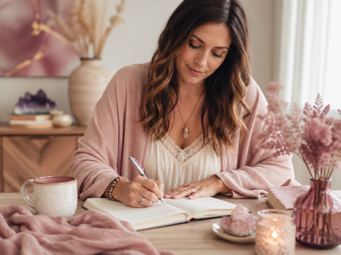 Woman writing focused business questions in a journal to prepare for an Akashic Records session.