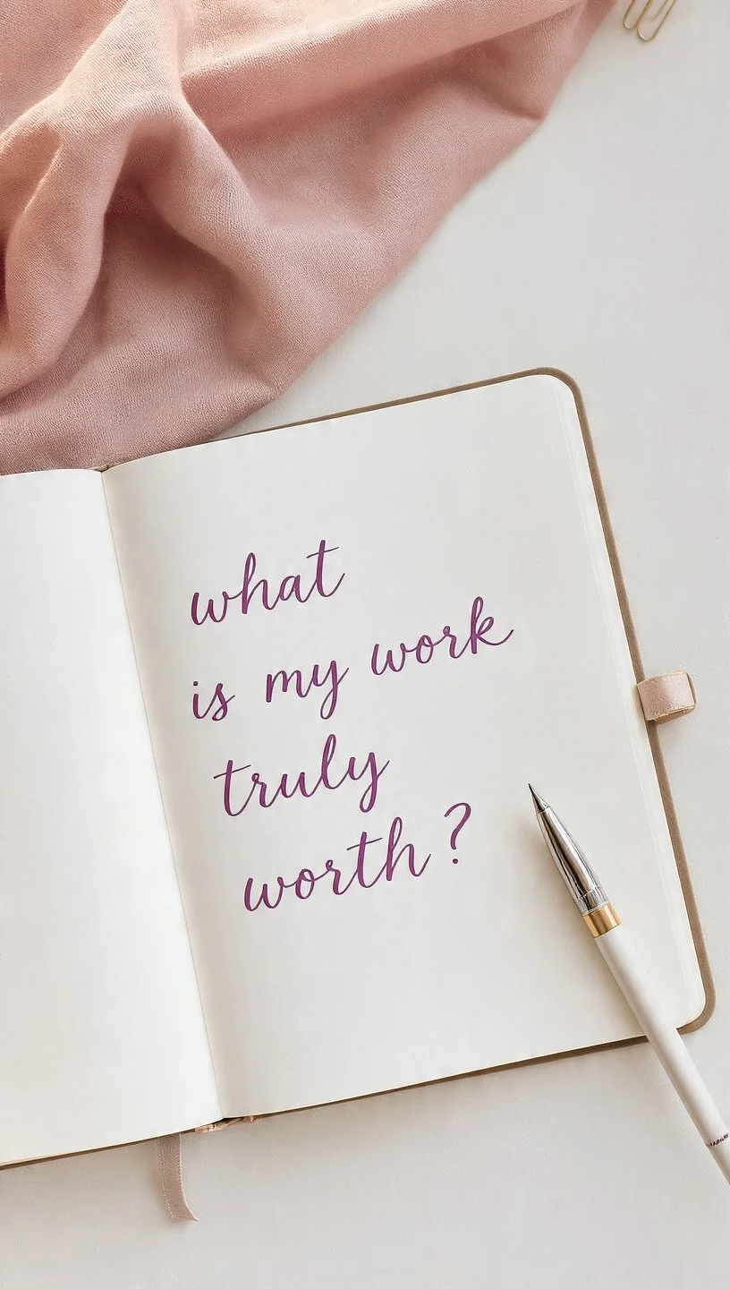 Open journal with plum handwriting reading “What is my work truly worth?” beside a gold-accented pen and blush fabric, symbolizing self-reflection and recognizing your worth in business.