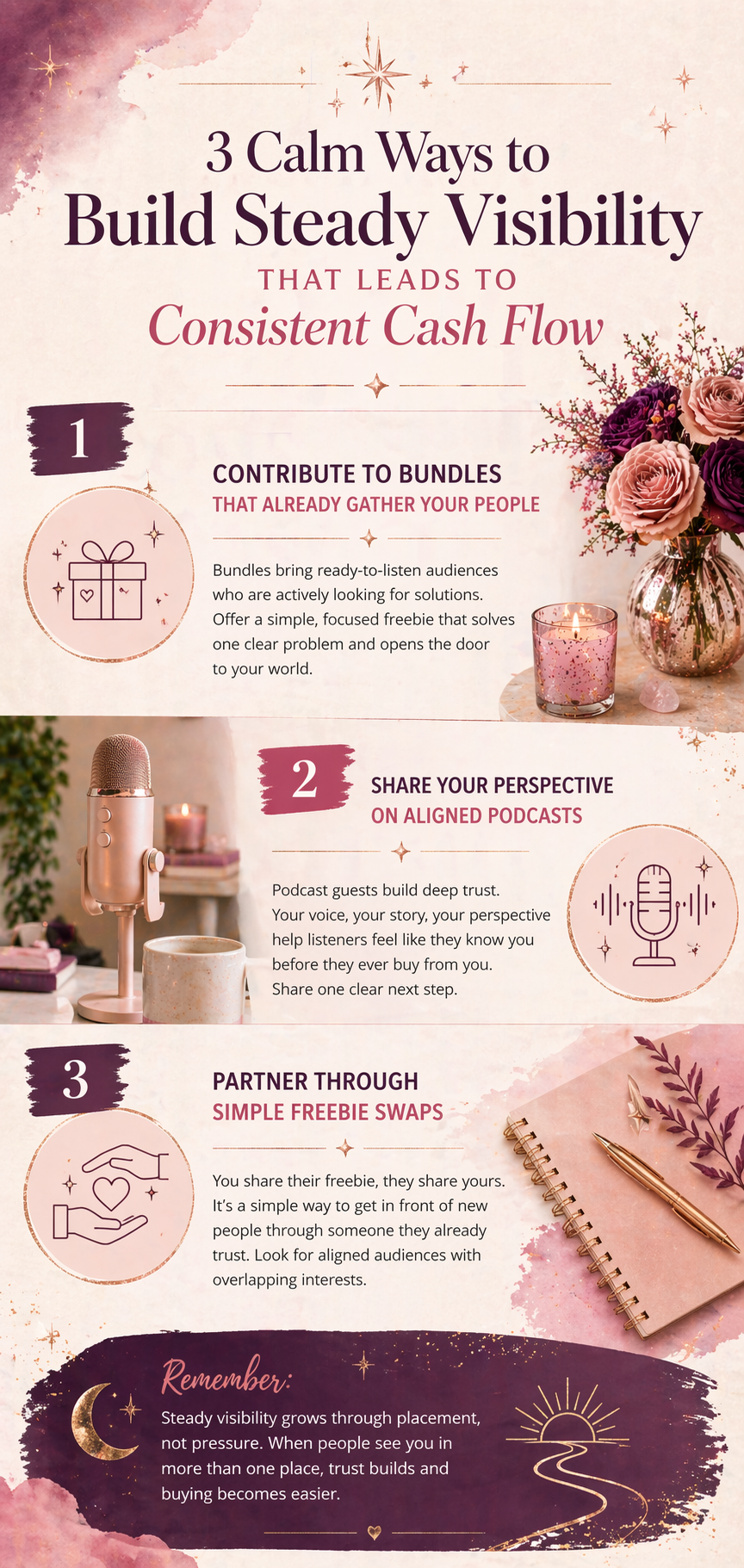 infographic showing three ways to build steady visibility including bundles podcasts and freebie swaps