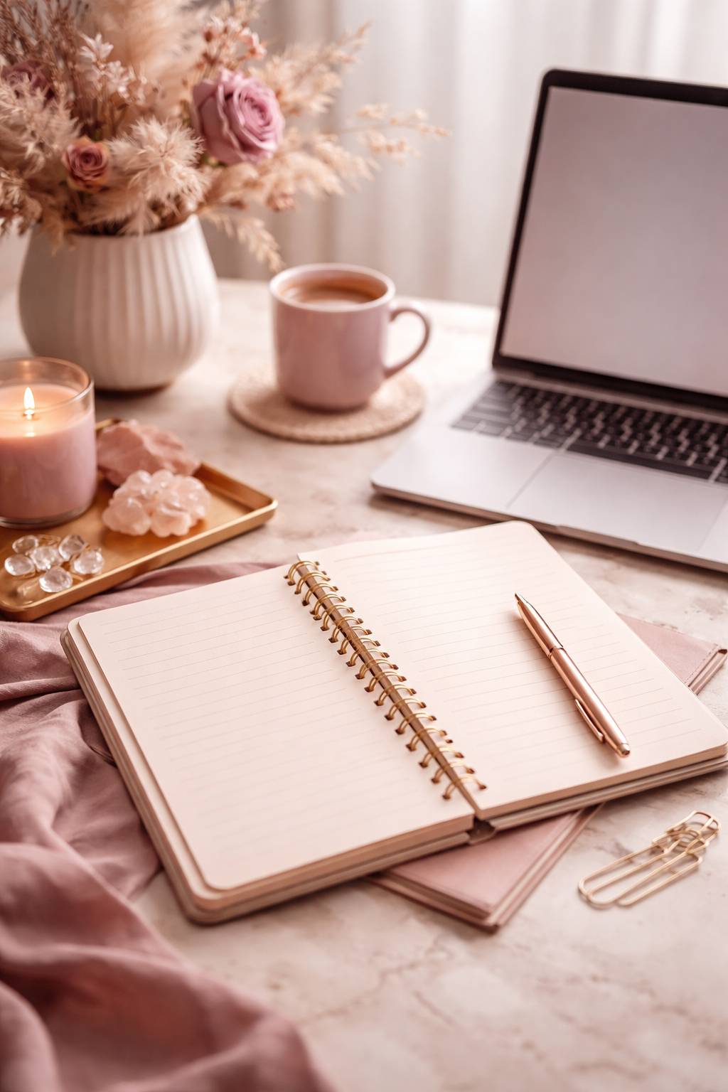 Cream-toned workspace for creating brand documents for small business.