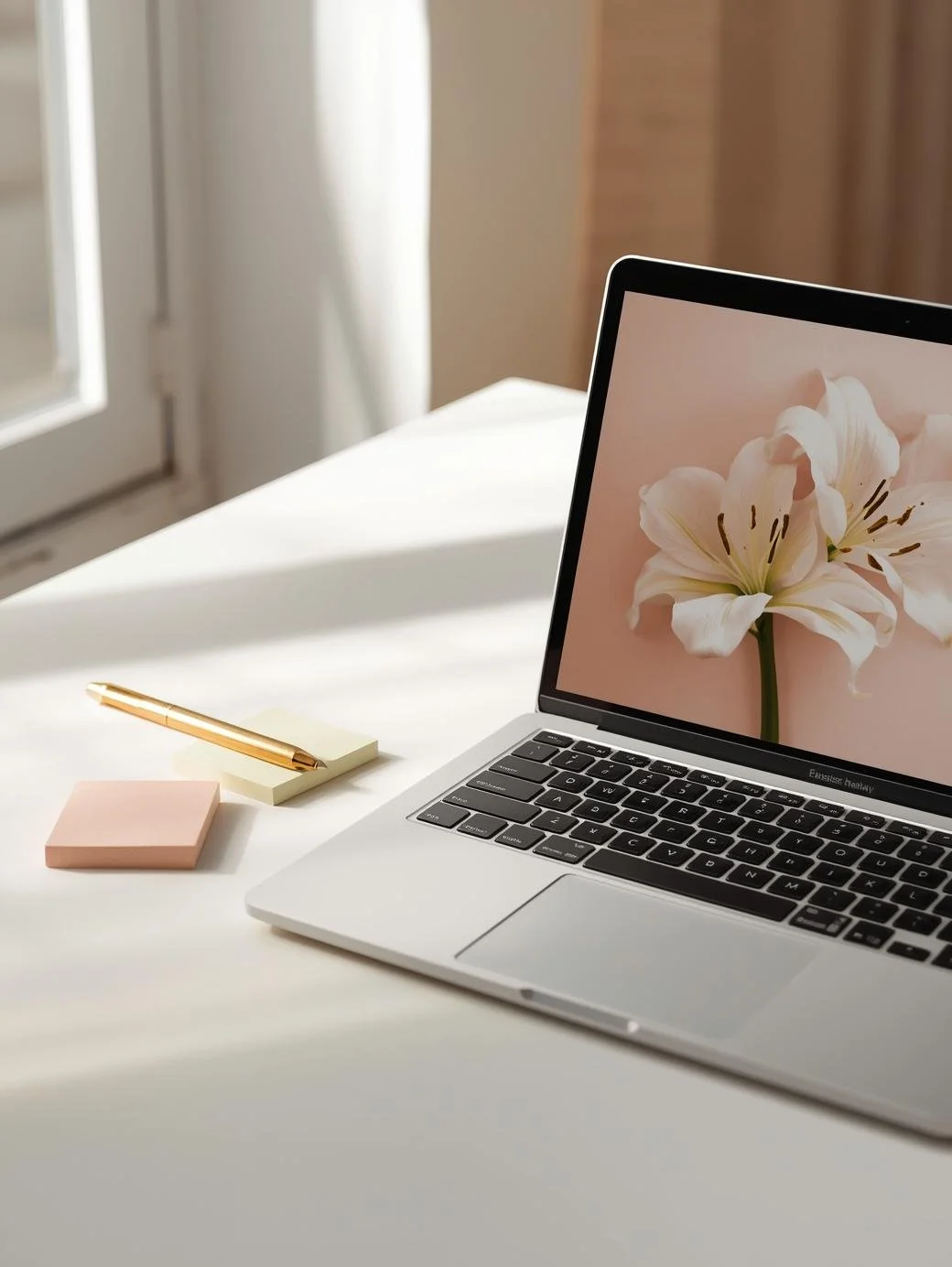 Open laptop on a sunlit desk with a blush lily wallpaper, gold pen, and pastel sticky notes. Clean, minimalist workspace with soft lighting. Represents grounded creativity and calm digital presence.