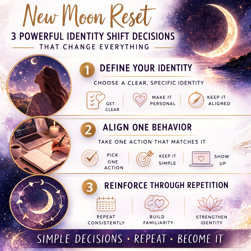 New Moon Reset infographic on 3 powerful identity shift decisions