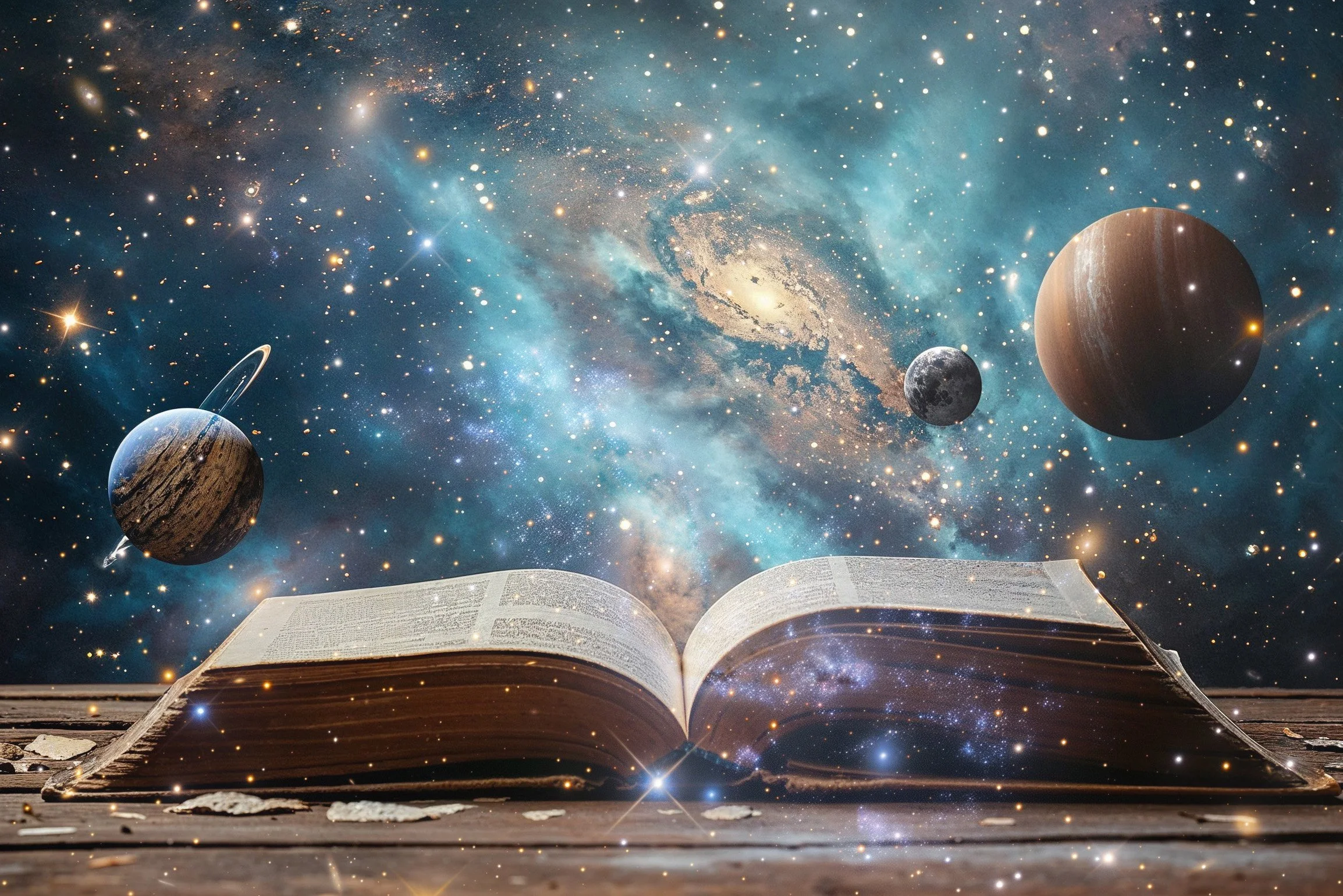 Planets floating above open book, representing Pluto retrograde and planetary effects.