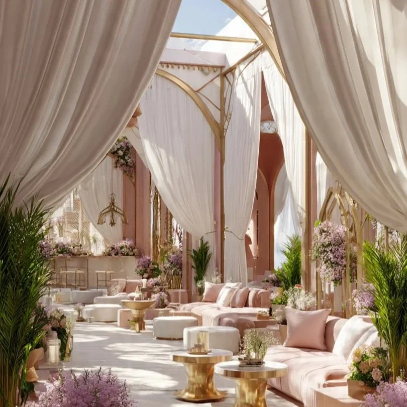 Light-filled pavilion with flowing cream curtains, evoking nervous system safety and gentle personal growth